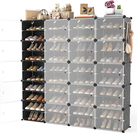 Portable Shoe Rack Organizer with Door, 80 Pairs Shoe Storage Cabinet Easy Assembly, Plastic Adjustable Shoe Storage Organizer Stackable Detachable Free Standing DIY Expandable 10 Tier Black