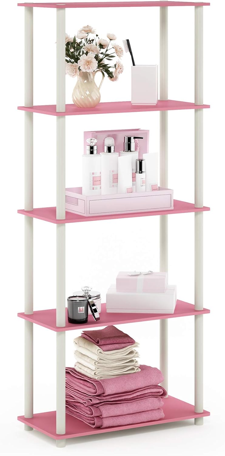 Furinno Turn-N-Tube Multipurpose Shelf / Display Rack / Storage Shelf / Bookshelf, 5-Tier Round Tube, Pink/White