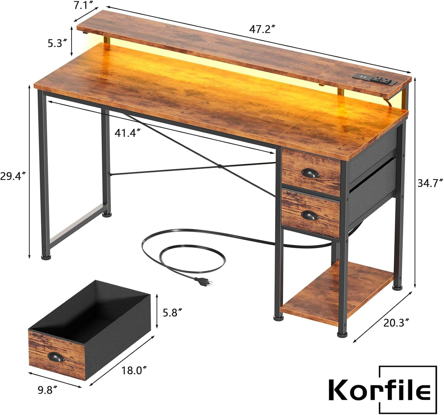 55 Inch Computer Desk with Power Outlets & LED Lights, Home Office Desk with Storage Drawers and Monitor Stand, Writing Work Study Desk for Bedroom Living Room