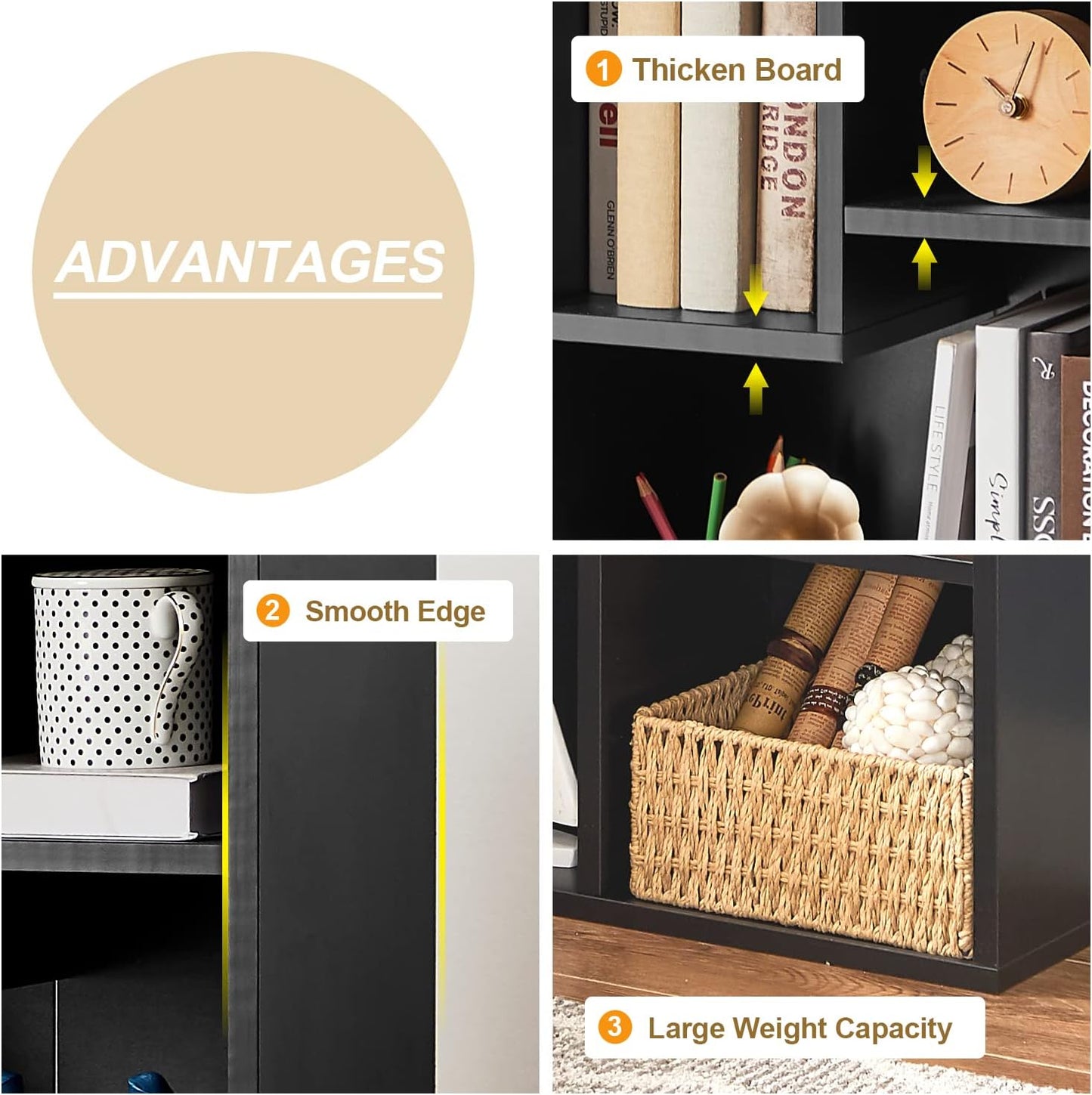 VECELO 3-Tier Small Bookcase, 4 Cube Bookshelf, Fits Tallest Hardwares, Modern Floor Standing Unit, Shelf Hold Up to 66 LBS for Living Room Bedroom, Black