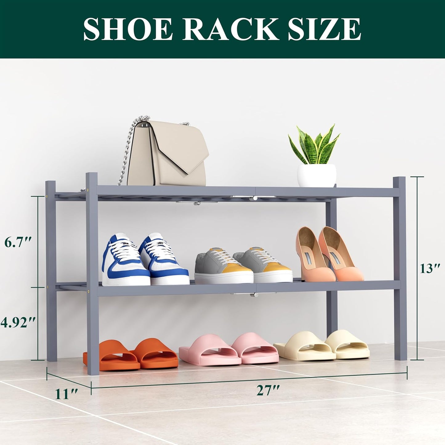 Smiry Shoe Rack, 2 Tier Thick Bamboo Shoe Organizer, Stackable Free Standing Wooden Shoe Storage Shelf for Closet, Entryway, Front Door Entrance, Grey