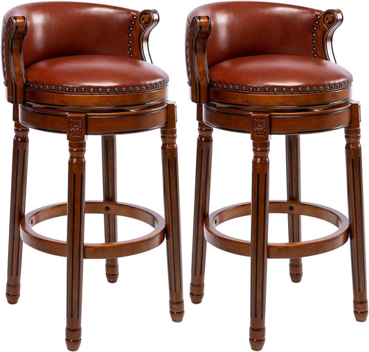 Cow top Leather Wooden Set of 2 Bar Stools, 29.5" Bar Height Bar Chair with Back, 180 Degrees Swivel Barstools Chair for Home Kitchen Counter,Dining Room, Restaurant,Study and Pub