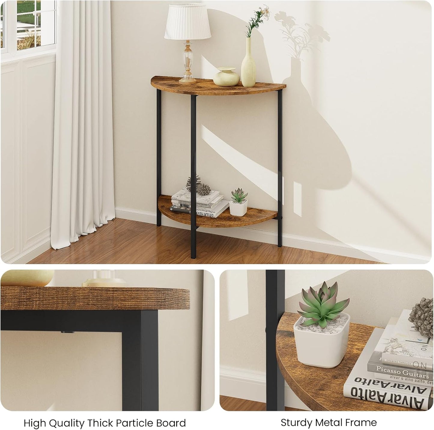 Homode Half Moon Table, Small Entryway Table, Half Round Entry Table, Narrow Half Circle Console Tables for Small Spaces, Hallway, Wood Front Entrance Tables, Rustic Brown and Black