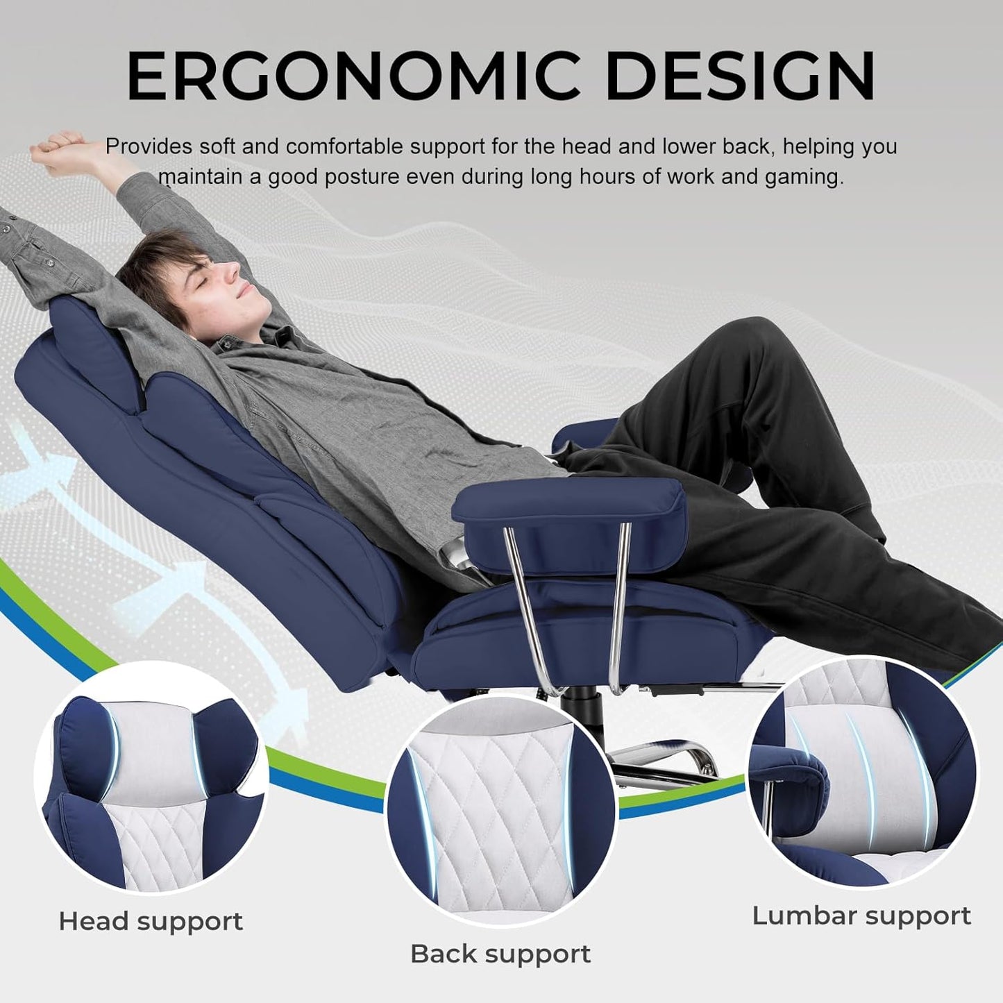 GTRACING Gaming Chair,Office Chair with Pocket Spring Lumbar Support, Ergonomic Comfortable Wide Office Desk Computer Chair with Outward Fixed Soft Armrests and Footrest (Fabric, Dark Blue & White)