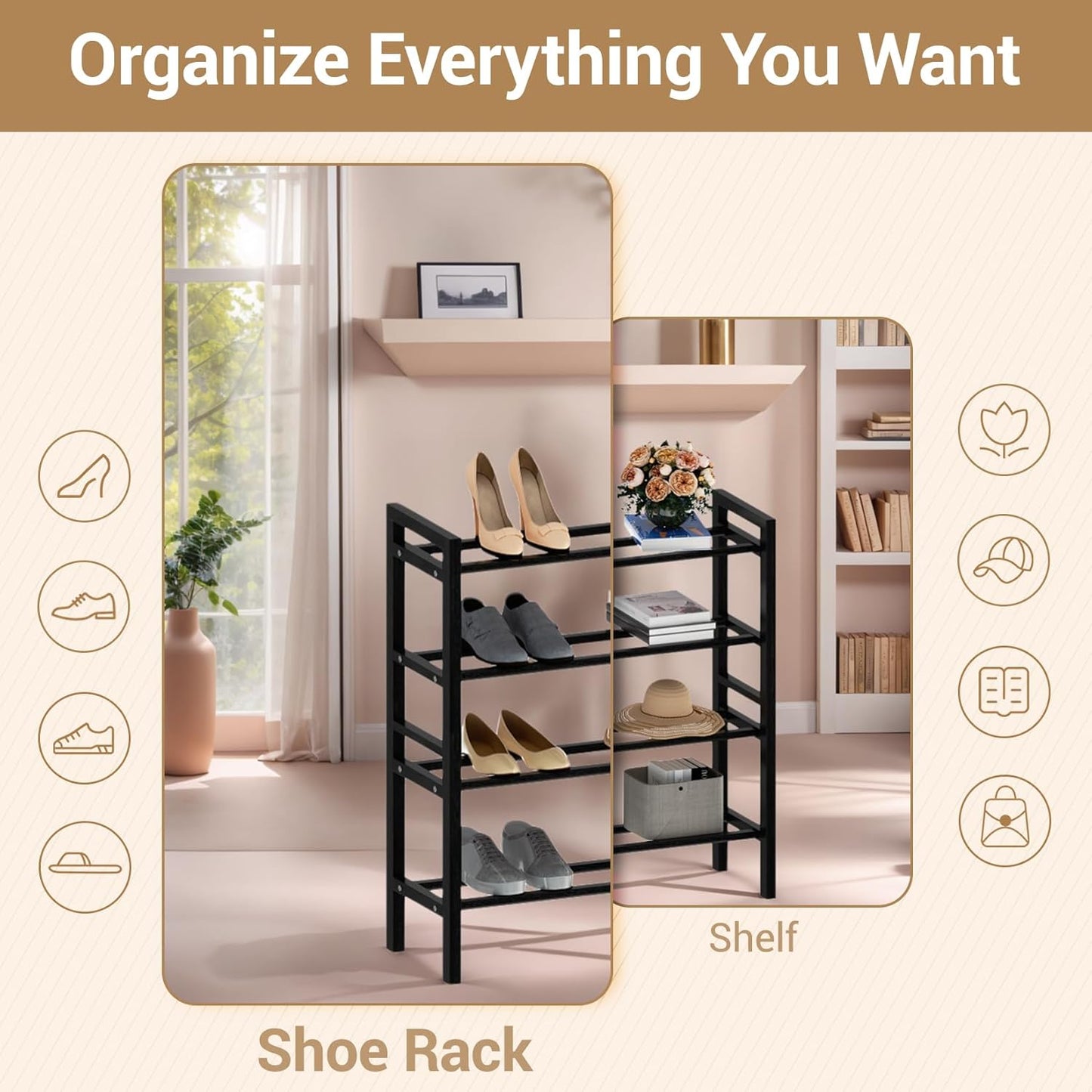 Haddockway Bamboo Shoe Rack for Closet, Free Standing Shoe Organizer with Smooth Round Rods & Convenient Handles, Stackable Shoe Storage Shelf for Entryway, Hallway(Black, 4-Tier(Small))