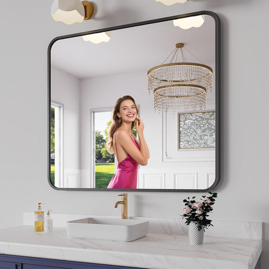 Koonmi Bathroom Mirror, 36X40 Inch Black Metal Framed Mirror for Bathroom, Tempered Glass, Anti-Rust, Rounded Rectangle Mirror for Restroom, Bedroom, Black