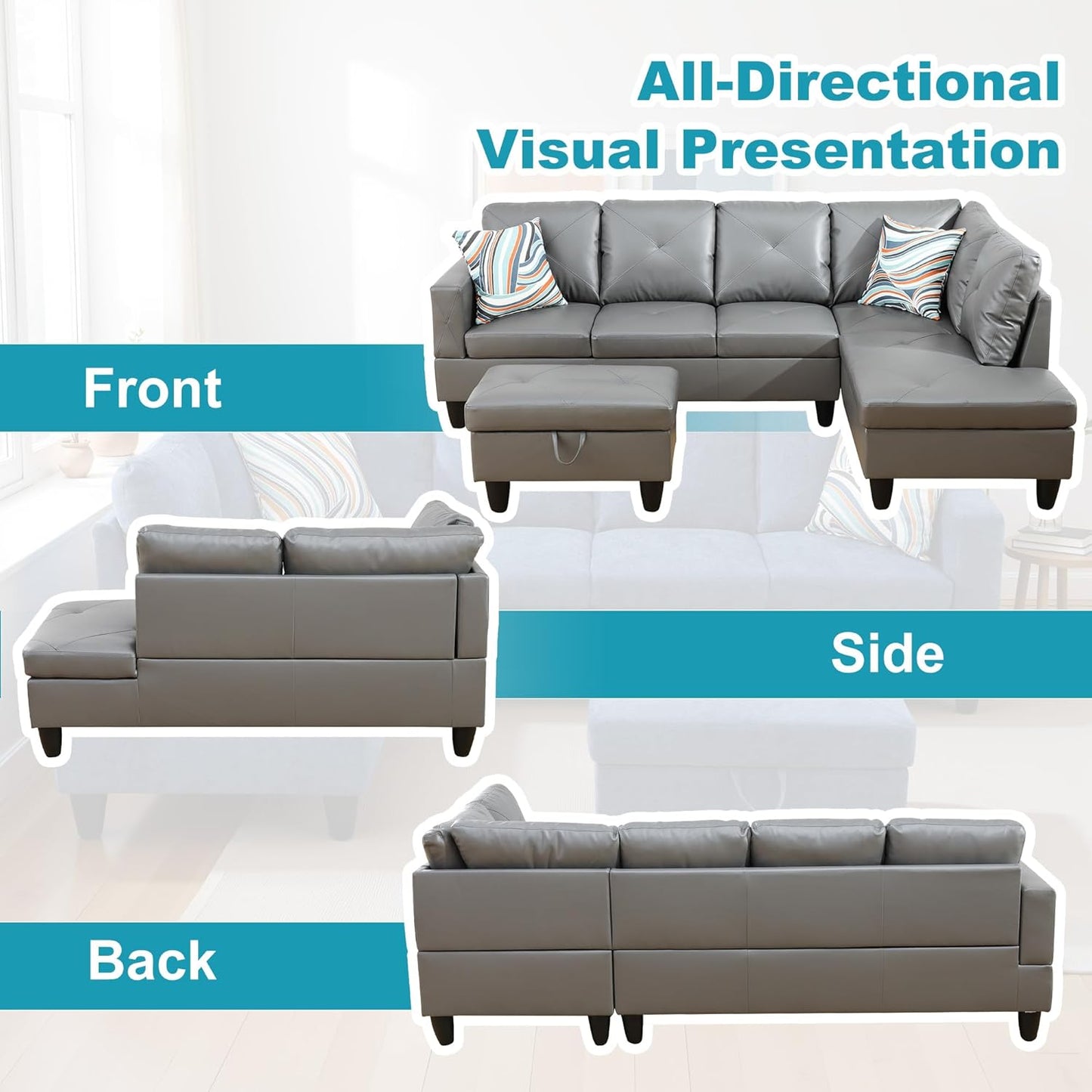 Couches for Living Room Faux Leather L Shaped Couch Comfy 3 Pieces Sectional Sofa with Chaise, Ottoman with Storage for Office and Small Apartment, Dark Grey