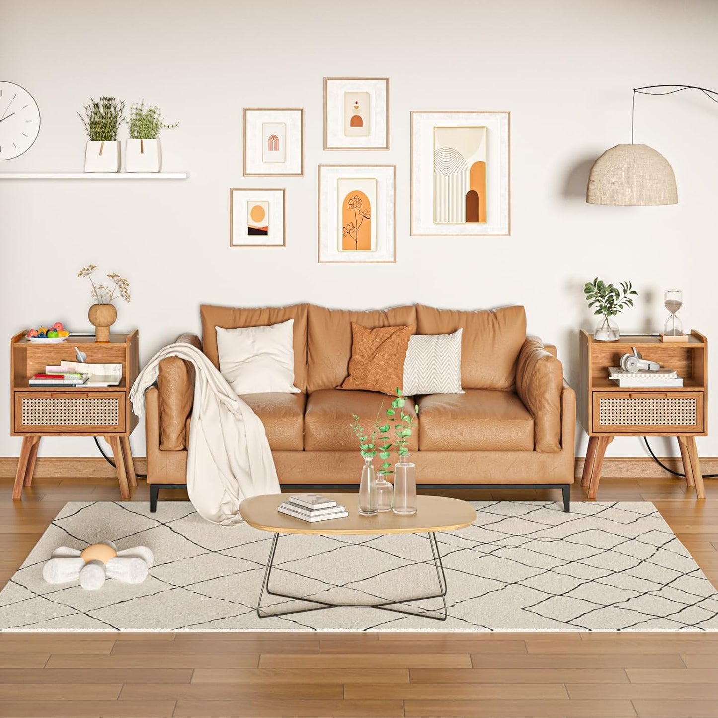 Lerliuo Rattan Nightstand with Charging Station, Side Table with Drawer, Cane Accent Bedside End Table with Solid Wood Legs, Night Stand for Bedroom, Dorm and Small Spaces (Tea Brown)