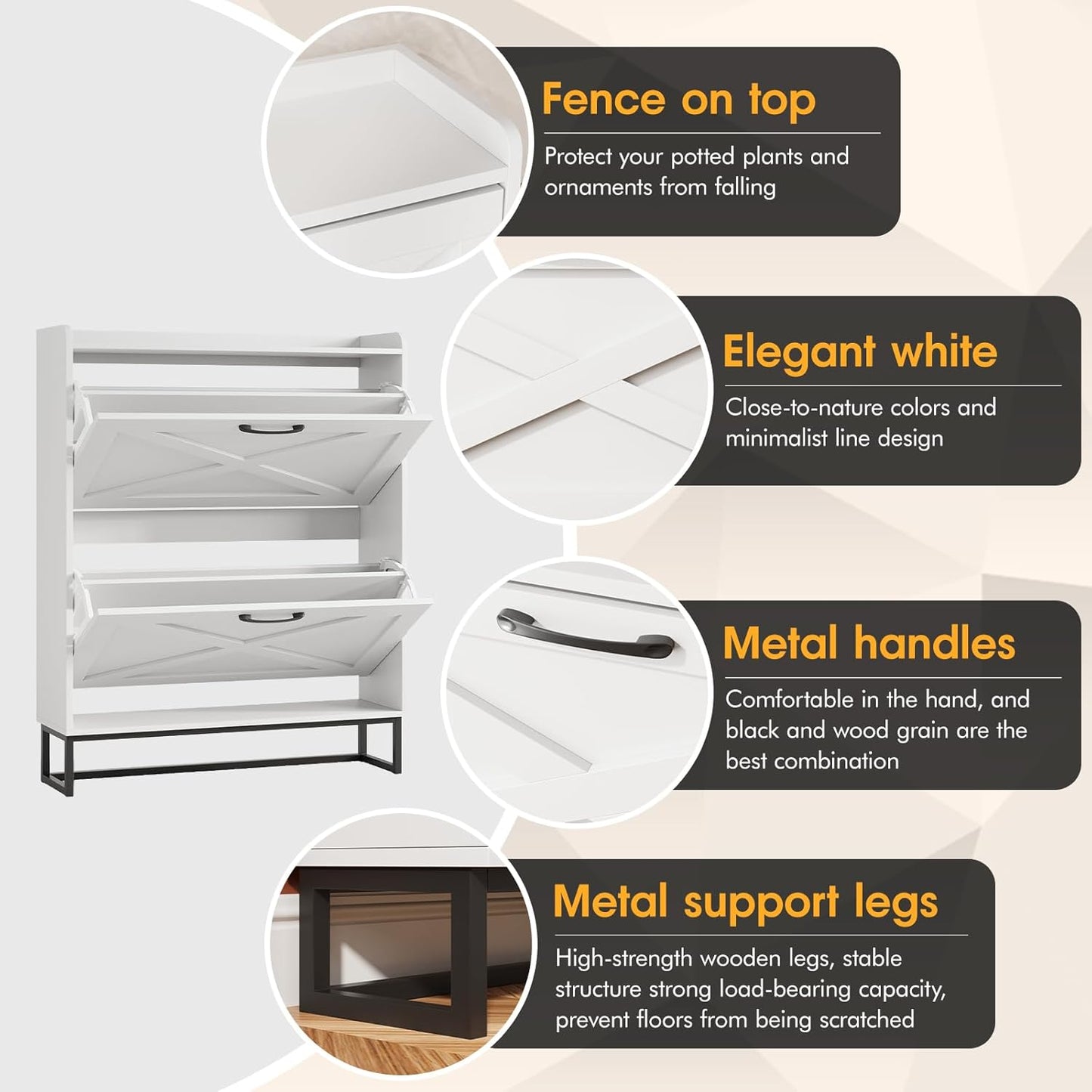 Maupvit Shoe Cabinet with 2 Flip Drawers, Freestanding Shoe Cabinet Organizer with Metal Legs, Shoes Storage Cabinet for Entryway, Narrow Shoe Rack Cabinet, White