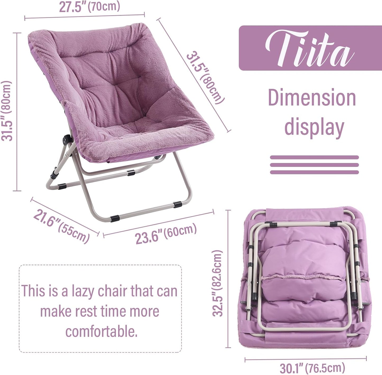 Tiita Comfy Folded Chair, Soft Faux Fur Oversized Folding Accent Chair, Lounge Lazy Chair for Kids Teens Adults, Metal Frame Moon Chair for Bedroom, Living Room, Dorm Rooms
