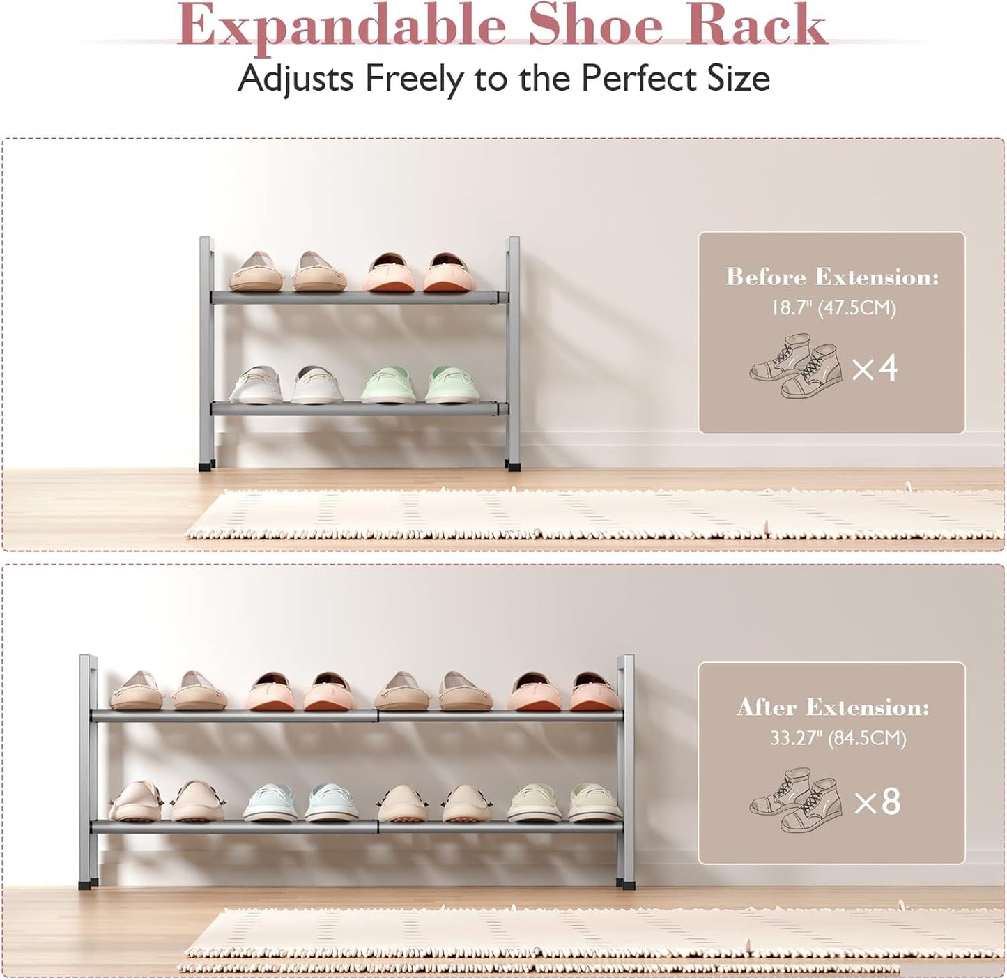 Bumusty 2 Tier Expandable Shoe Rack for Closet, 18“-33” Adjustable Shoe Rack for Small Space, Small Shoe Organizer for Front Door, Sturdy Metal, Light Grey