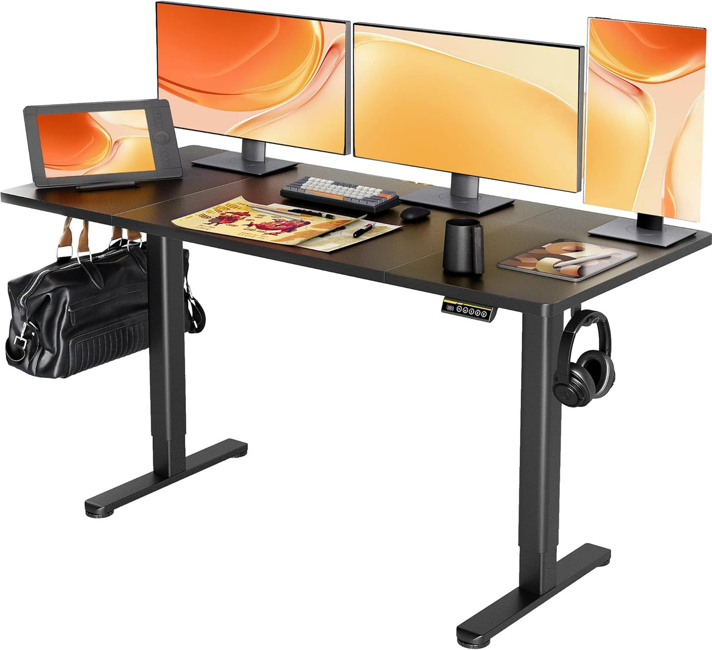 Claiks Electric Standing Desk, Adjustable Height Stand up Desk, 63x24 Inches Sit Stand Home Office Desk with Splice Board, Black Frame/Black Top