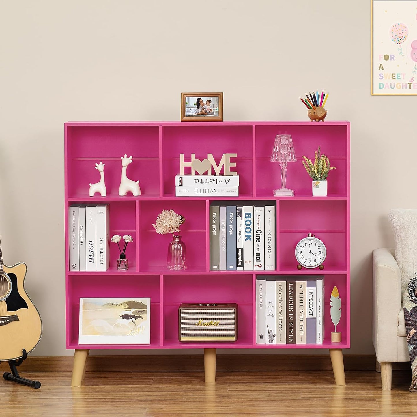 LEYAOYAO 10 Cube Bookshelf,3 Tier Modern Wide Bookcase with Legs,Mid-Century Wood Bookshelves Storage，Pink Large Book Case,Freestanding Organizer Display Shelf for Bedroom,Living Room,Office