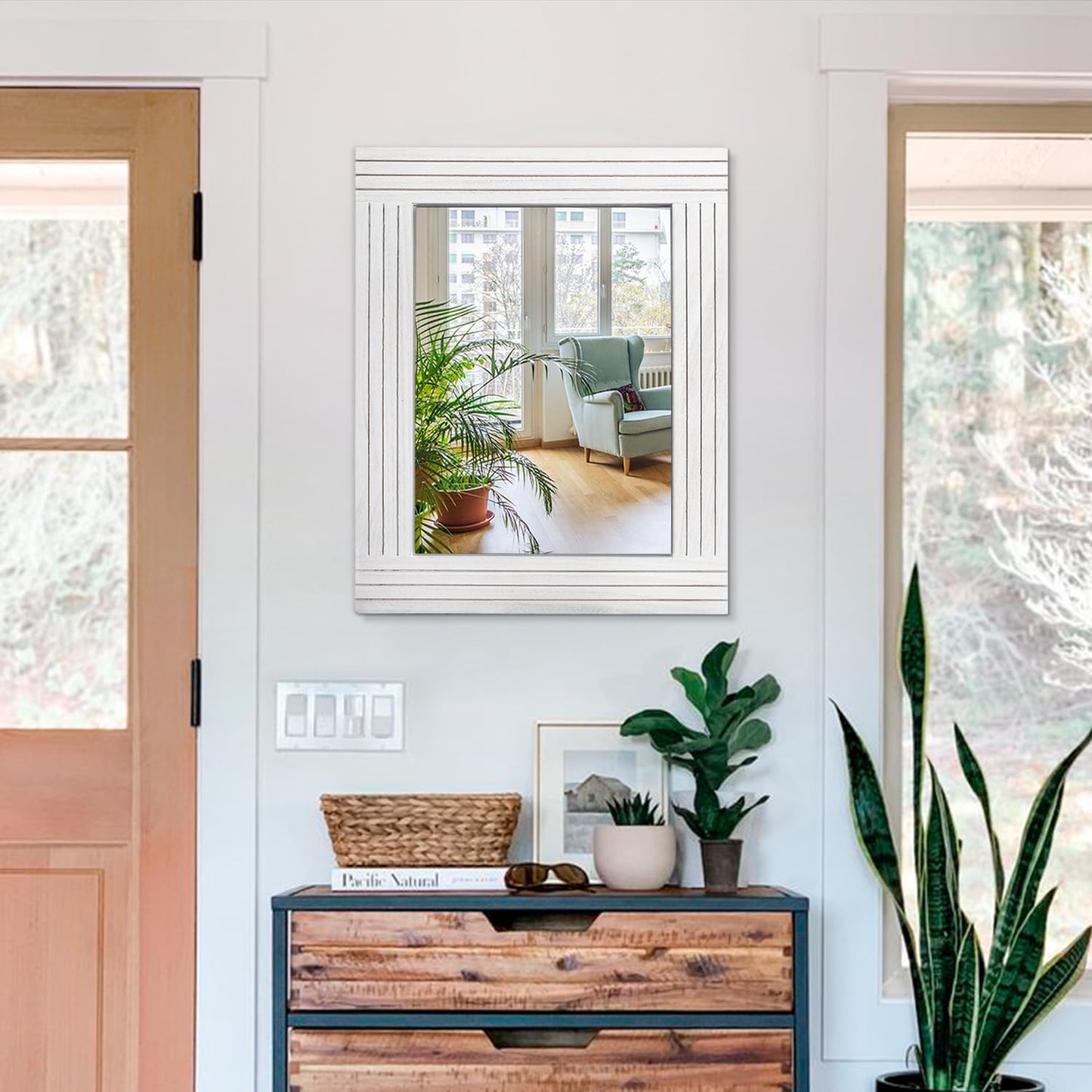 Rustic Mirror for Wall Wooden Frame Rectangular Antique Wall Mirror Decor Farmhouse Bedroom Dresser Bedroom Entryway Mirror Large White 20" x 16"