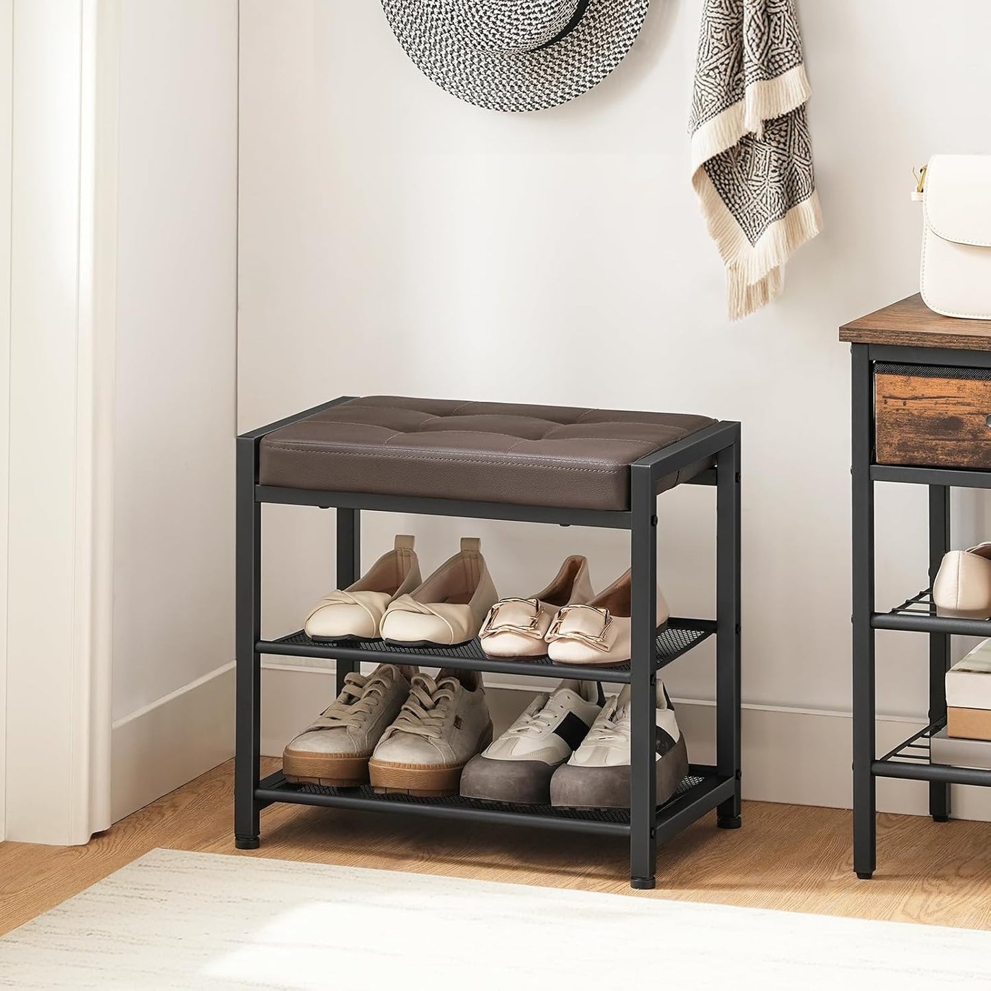 HOOBRO Small Shoe Bench, 3-Tier Shoe Rack, Shoe Storage Bench with PU Seat Cushion, Entryway Shoe Rack Bench with Metal Mesh Shelves, Freestanding Shoe Organizer for Hallway, Brown CB33HX01