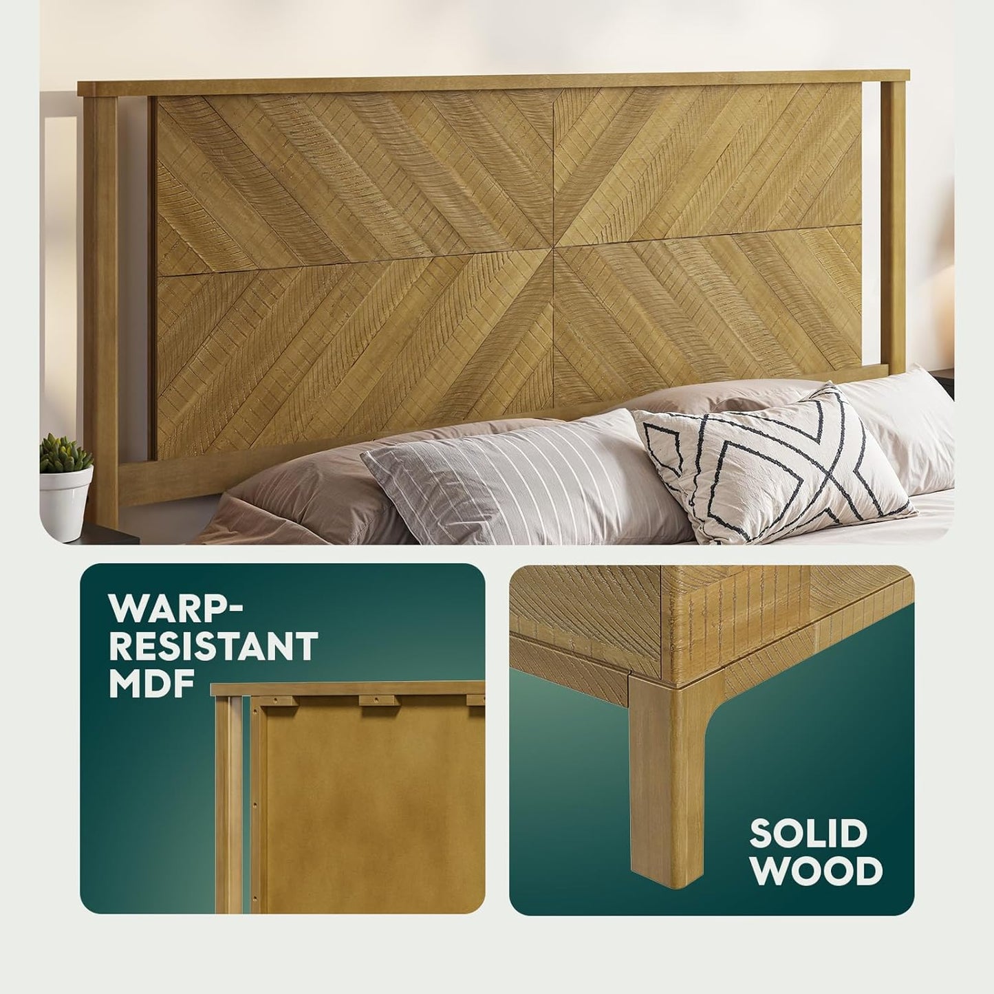 Bme Vivian 14 Inch Deluxe Bed Frame with Headboard, Rustic & Scandinavian Style with Solid Acacia Wood, No Box Spring Needed, 12 Strong Wood Slat Support, Easy Assembly, King, Rustic Seadrift