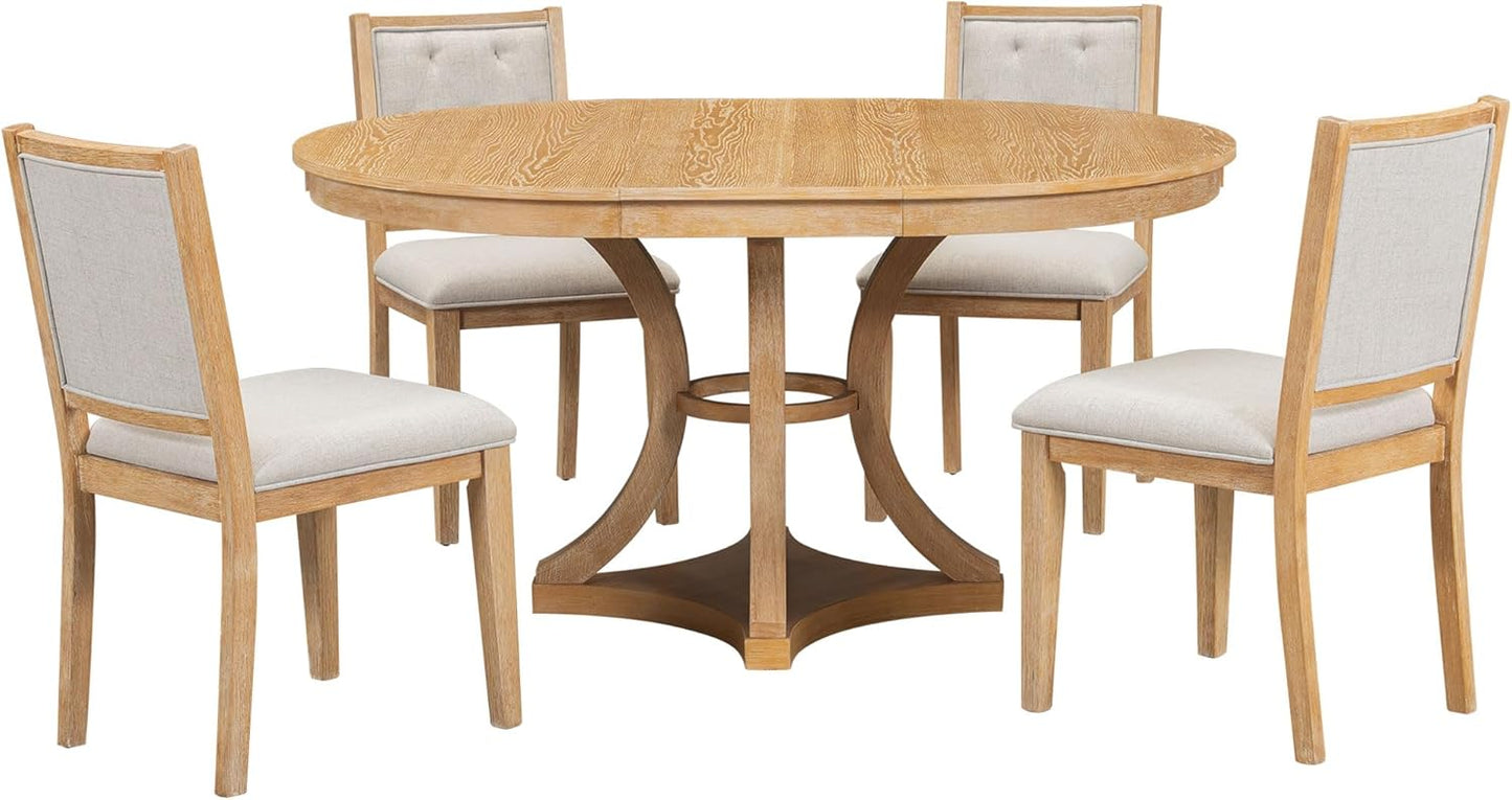Merax 5-Piece Extendable Round Dining Table Set 42"-58" Retro Functional Table and 4 Upholstered Chairs for Dining Room and Living Room (Natural)