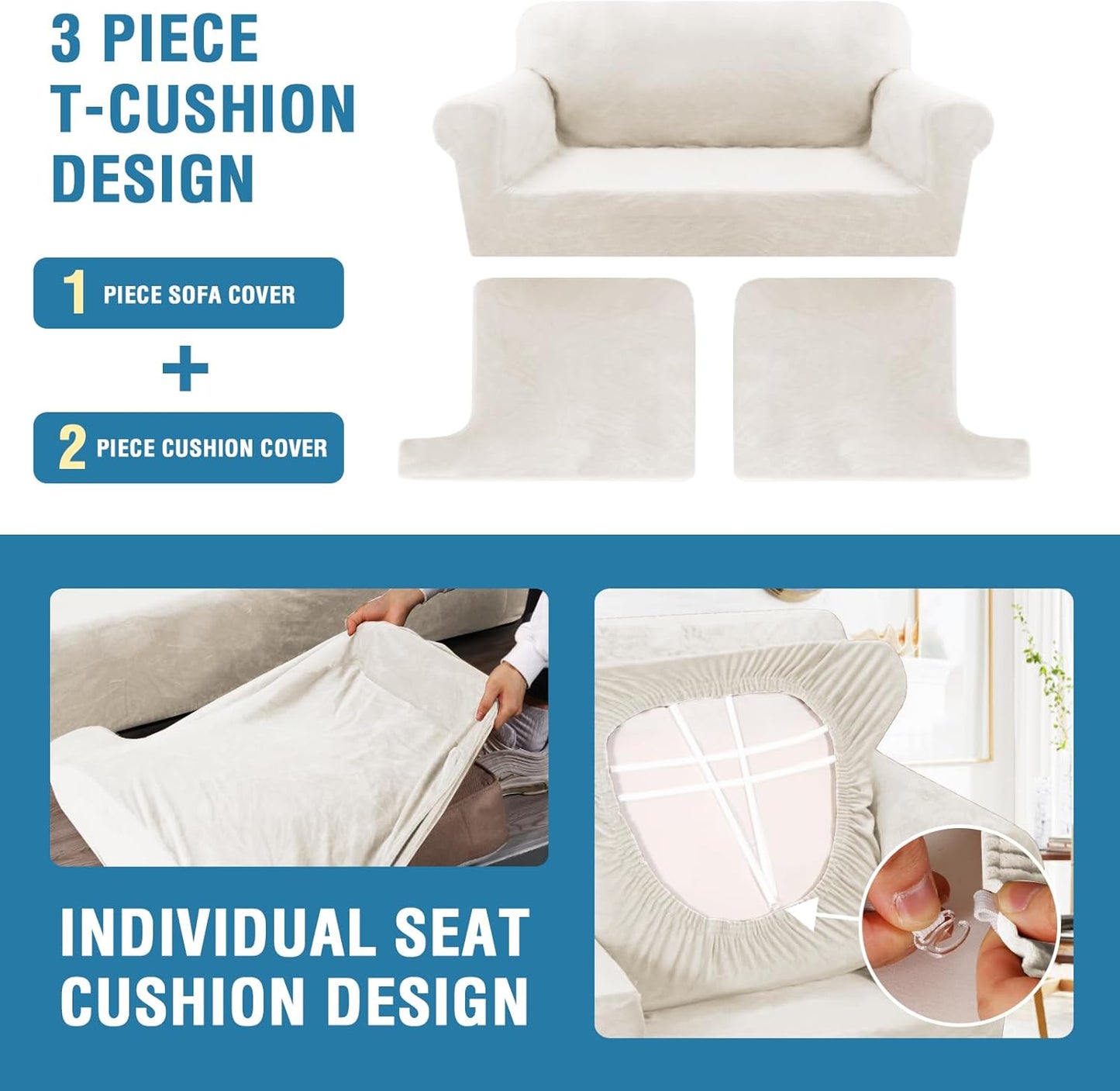 H.VERSAILTEX Sofa Cover 3 Piece T Cushion Sofa Slipcovers Thick Velvet Couch Cover Stretch T Cushion Sofa Covers for 2 Cushion Couch with 2 Individual T Cushion Covers, Porcelain