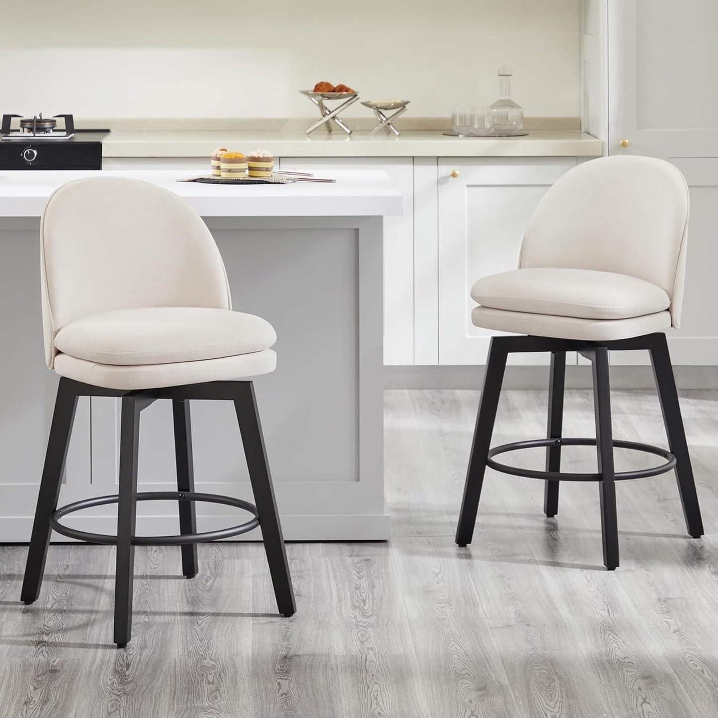 Counter Height Barstools 26 inch Upholstered Swivel Bar Stools with Back and Wood Legs for Kitchen Island,Set of 2,Beige Fabric-Armless