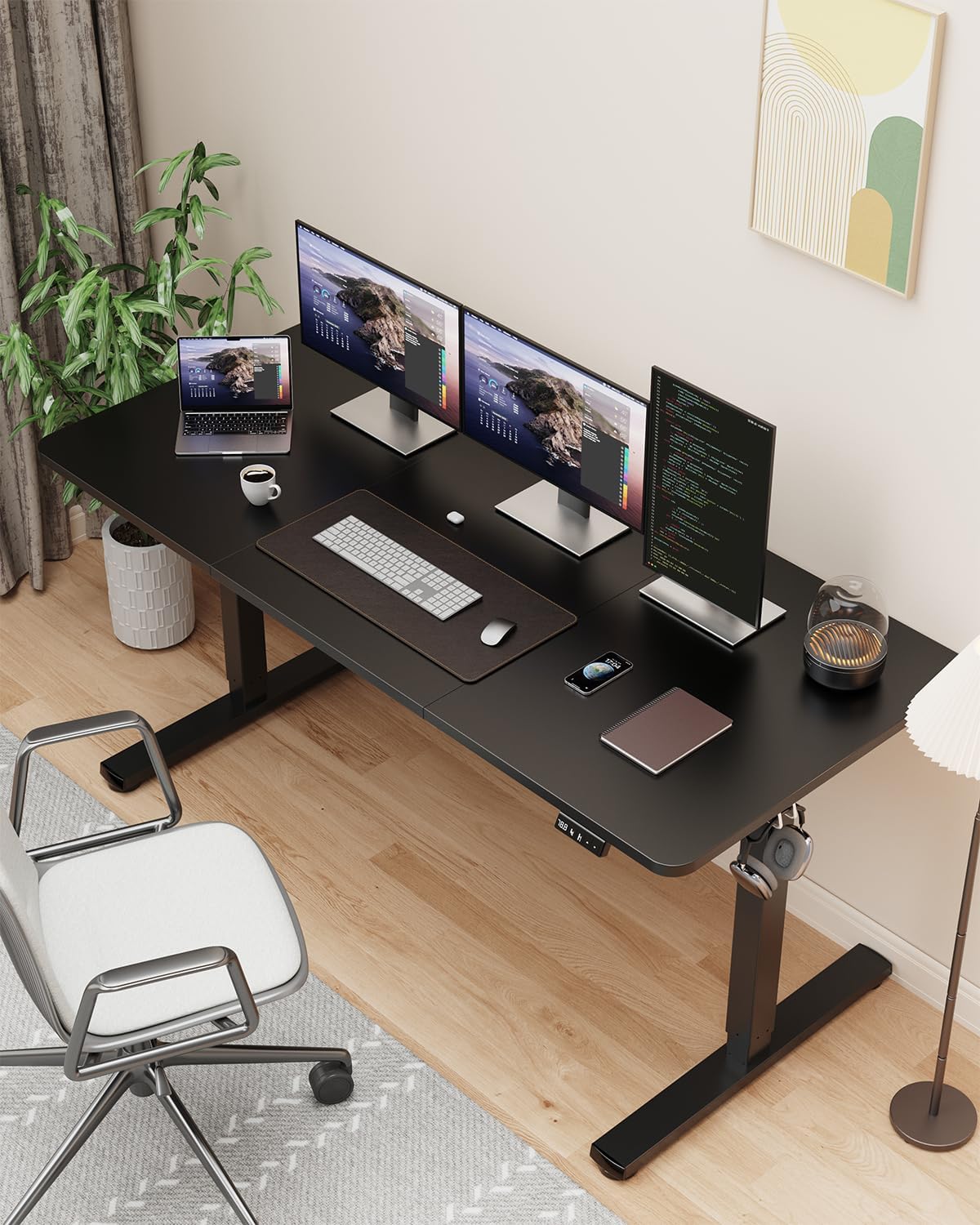 Standing Desk, Large Height Adjustable Electric Stand up Desk, 55 x 24 Inches Sit Stand Home Office Desk, with Splice Board, Black Frame/Black Top