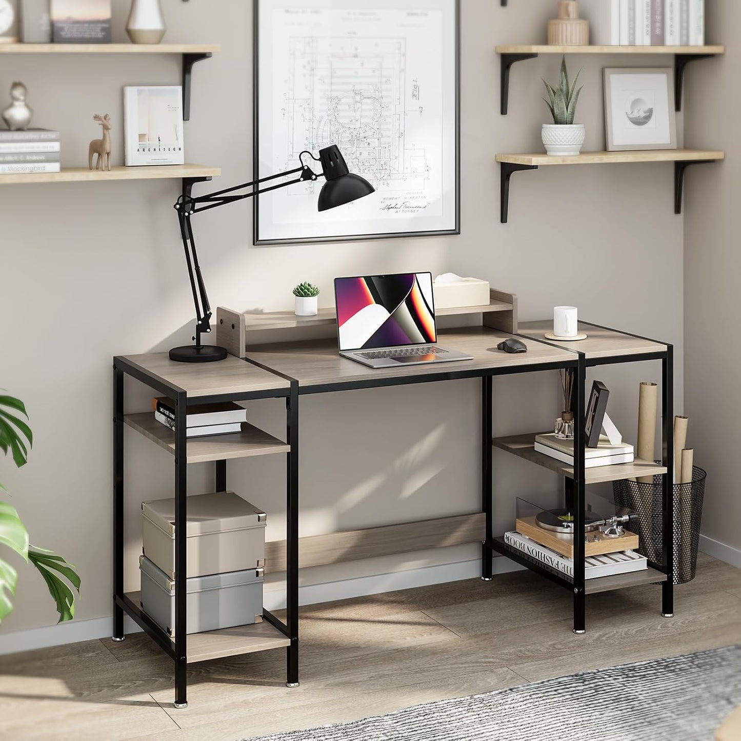 Computer Gaming Desk with Monitor Stand, Home Office Desk Suitable for 2 Monitors, Writing Desk with Adjustable Storage Space,Sturdy and Durable Modern Small Desk (Grey, 55 inchs)