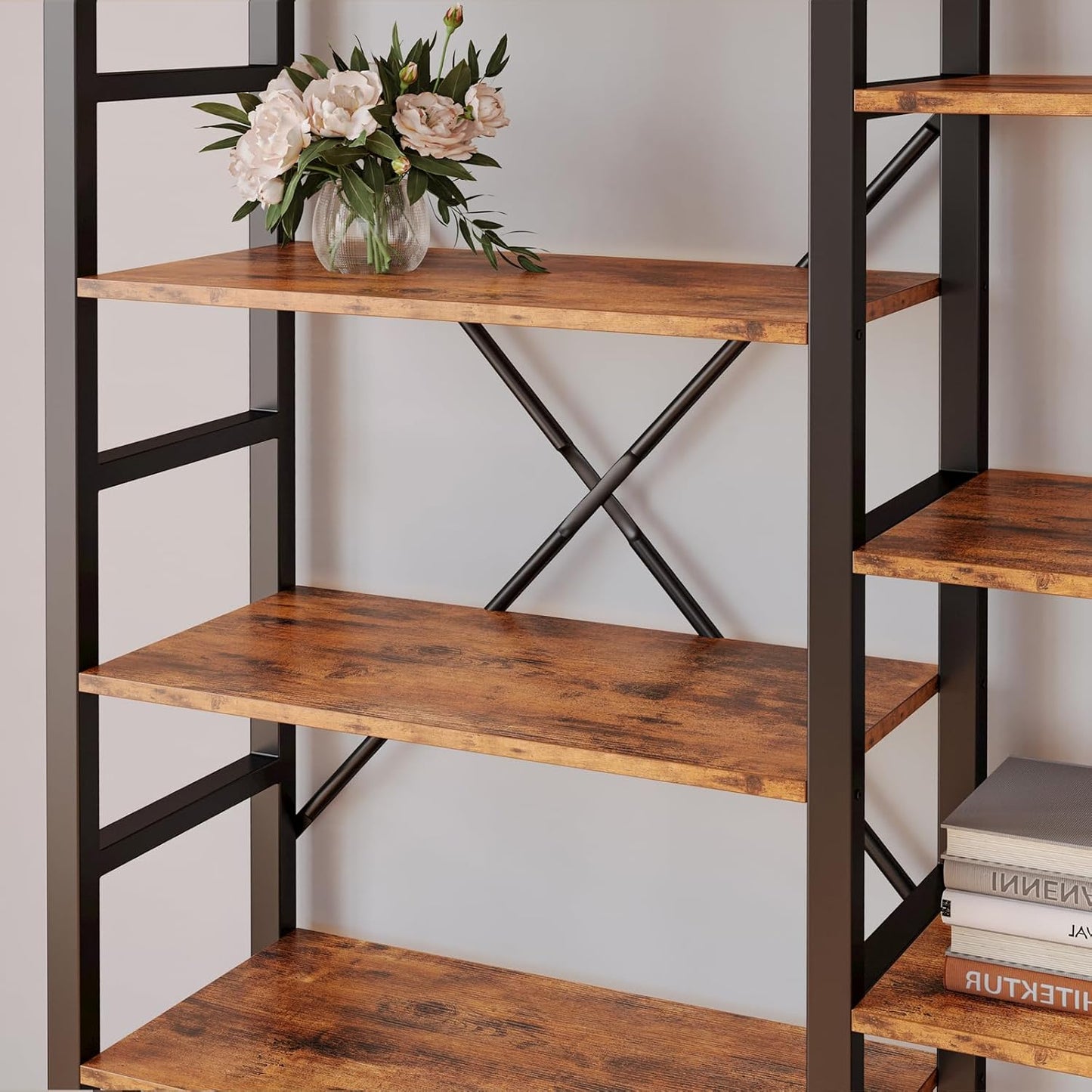IRONCK Bookshelves 6 Tiers Triple Wide Industrial Bookshelf, Large Etagere Bookshelf Open Display Shelves with Metal Frame for Living Room Bedroom Home Office