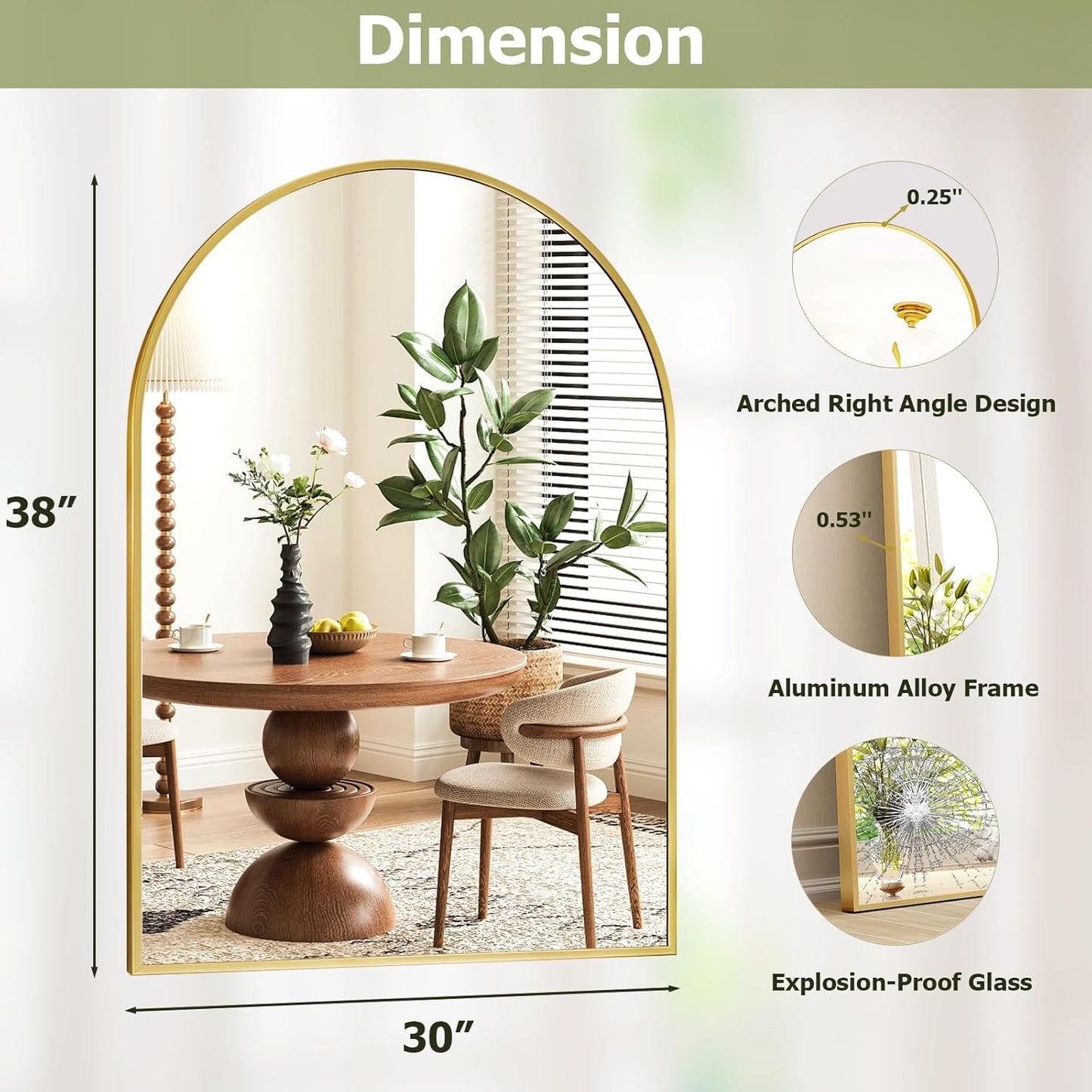 30x38 Inch Arched Bathroom Mirror - Gold Metal Frame Wall Mounted Vanity Mirror for Bathroom, Bedroom, Living Room, Hanging or Leaning Decorative Mirror