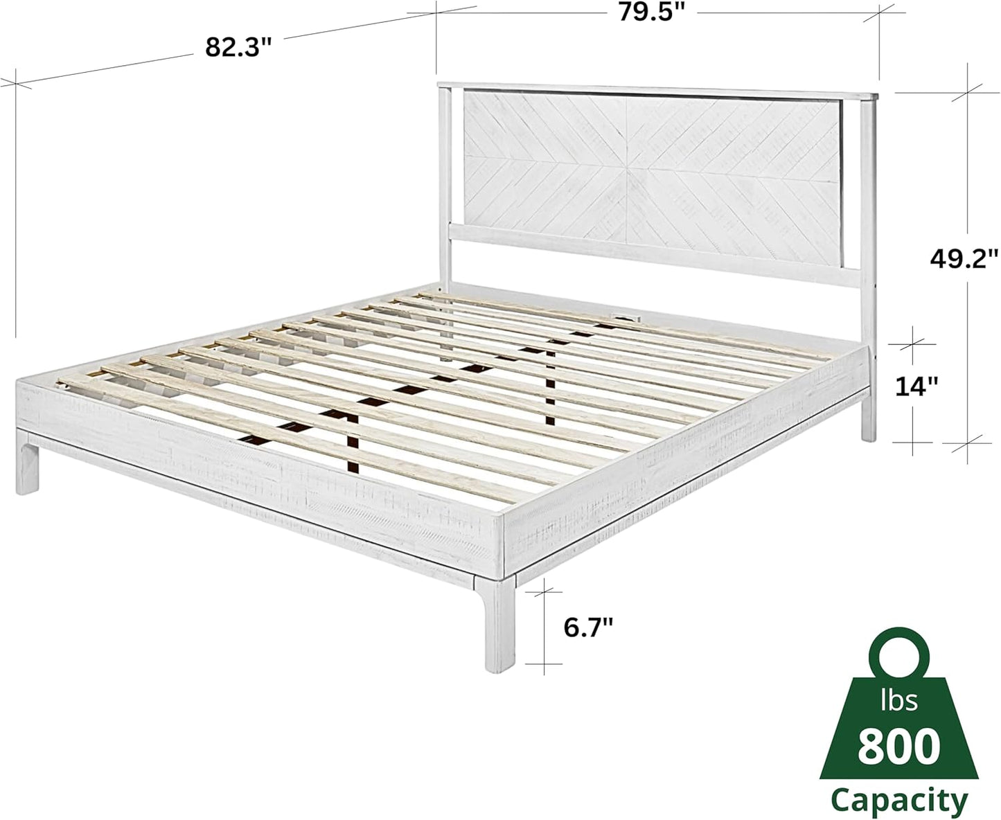 Bme Vivian 14 Inch Deluxe Bed Frame with Headboard, Rustic & Scandinavian Style with Solid Acacia Wood, No Box Spring Needed, 12 Strong Wood Slat Support, Easy Assembly, King, Rustic White