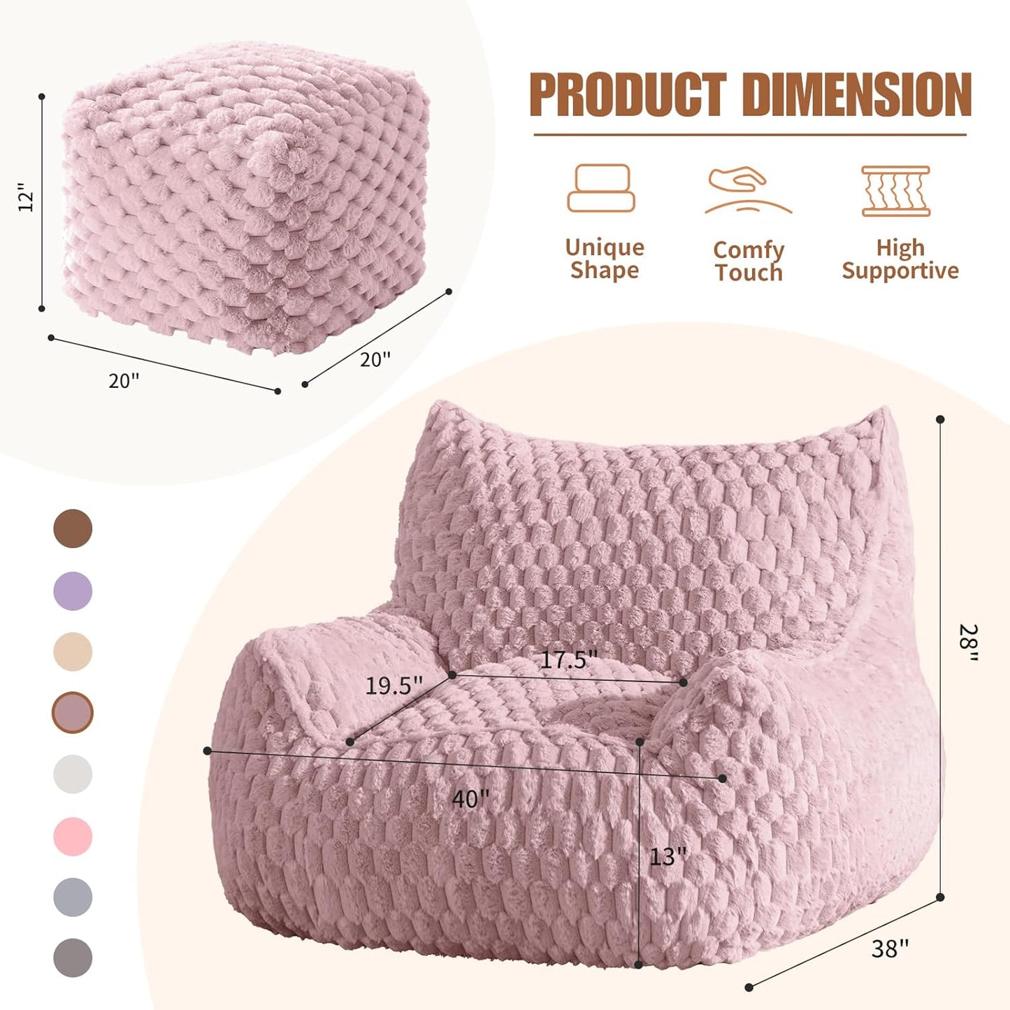 Bean Bag Chair with Ottoman - Modern Comfy Beanbag Sofa with Footrest, Soft Faux Fur Lounger Chair for Adults Teens, Cozy Memory Foam Filled Gaming Reading Chairs for Bedroom, Living Room (Dusty Pink)