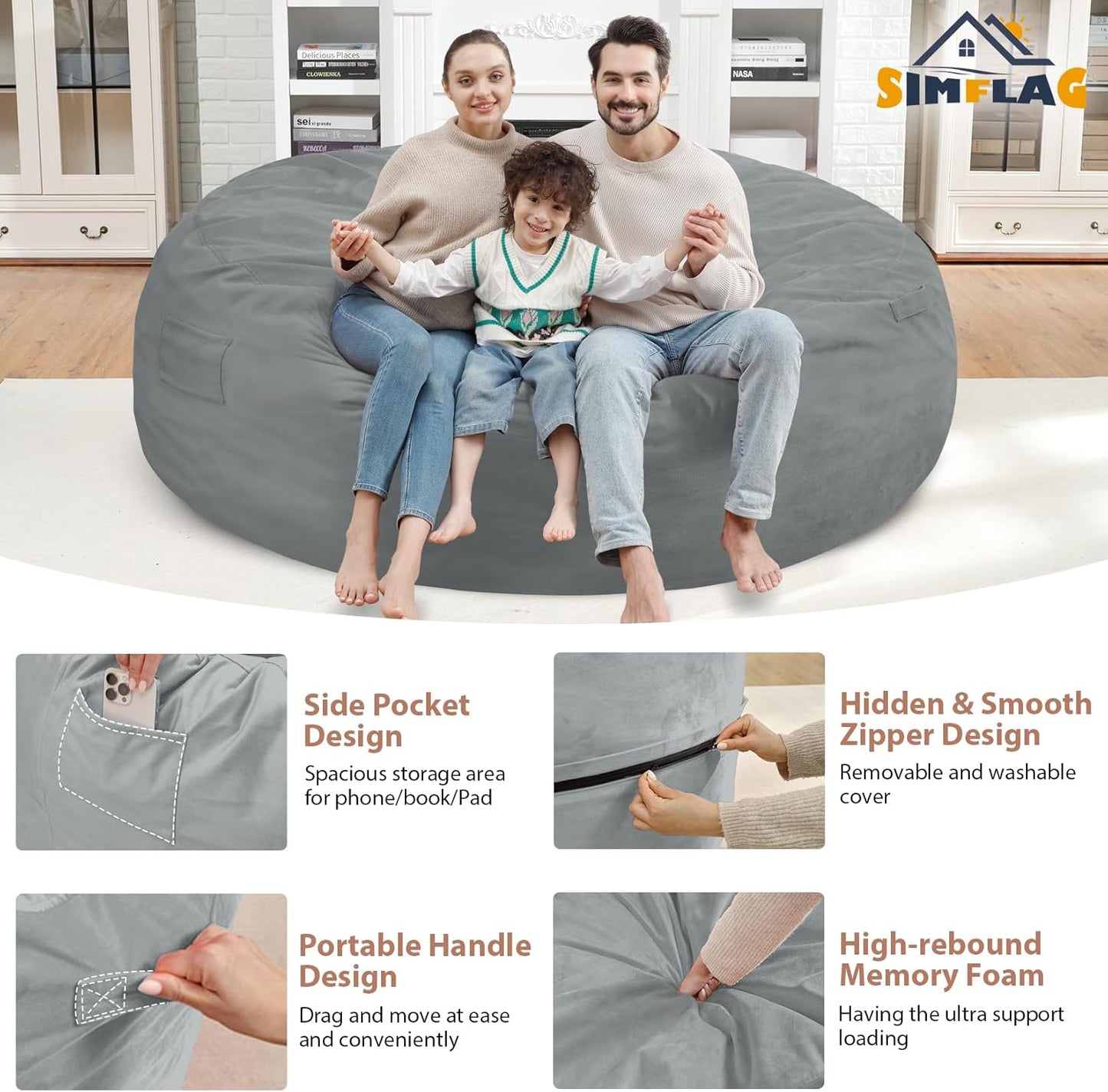 7FT Bean Bag Chair, Large Bean Bag Chairs with Memory Foam Filled, Fluffy Beanbag Sofa with Dutch Velvet Cover, Round BeanBag Chairs for Living Room, Playroom - Light Grey