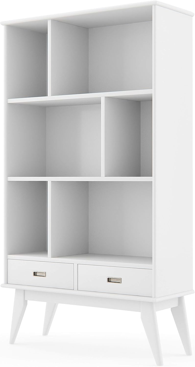 SIMPLIHOME Draper Bookcase - 64 inch Tall Solid Hardwood Wide Storage Bookshelf in White, Mid-Century Modern Storage for Living Room, Study Room or Office with Adjustable Shelves and Tapered Legs