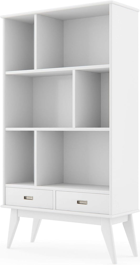 SIMPLIHOME Draper Bookcase - 64 inch Tall Solid Hardwood Wide Storage Bookshelf in White, Mid-Century Modern Storage for Living Room, Study Room or Office with Adjustable Shelves and Tapered Legs