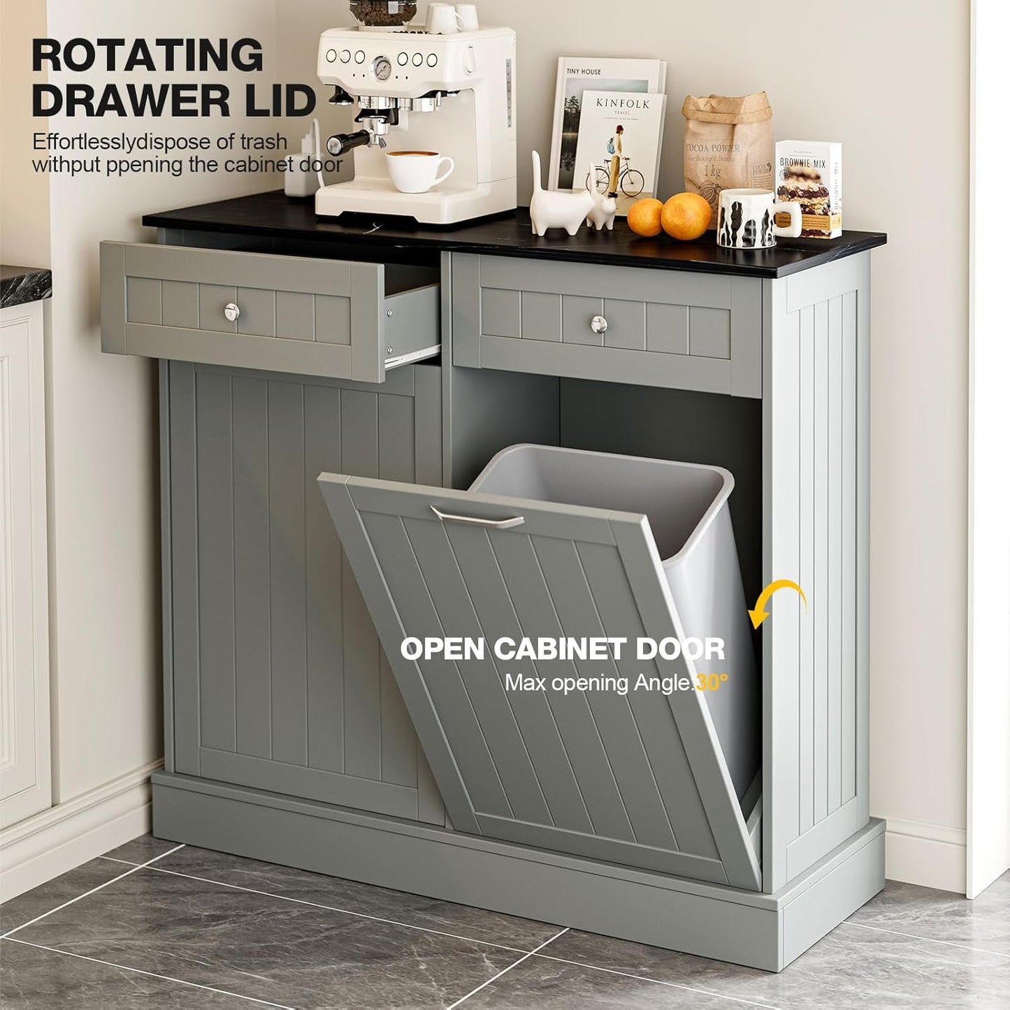 GAZHOME 20 Gallon Double Tilt Out Wooden Trash Cabinet with Charging Station, Upgrade Free Standing Recycling Cabinet with Outlet,Gray