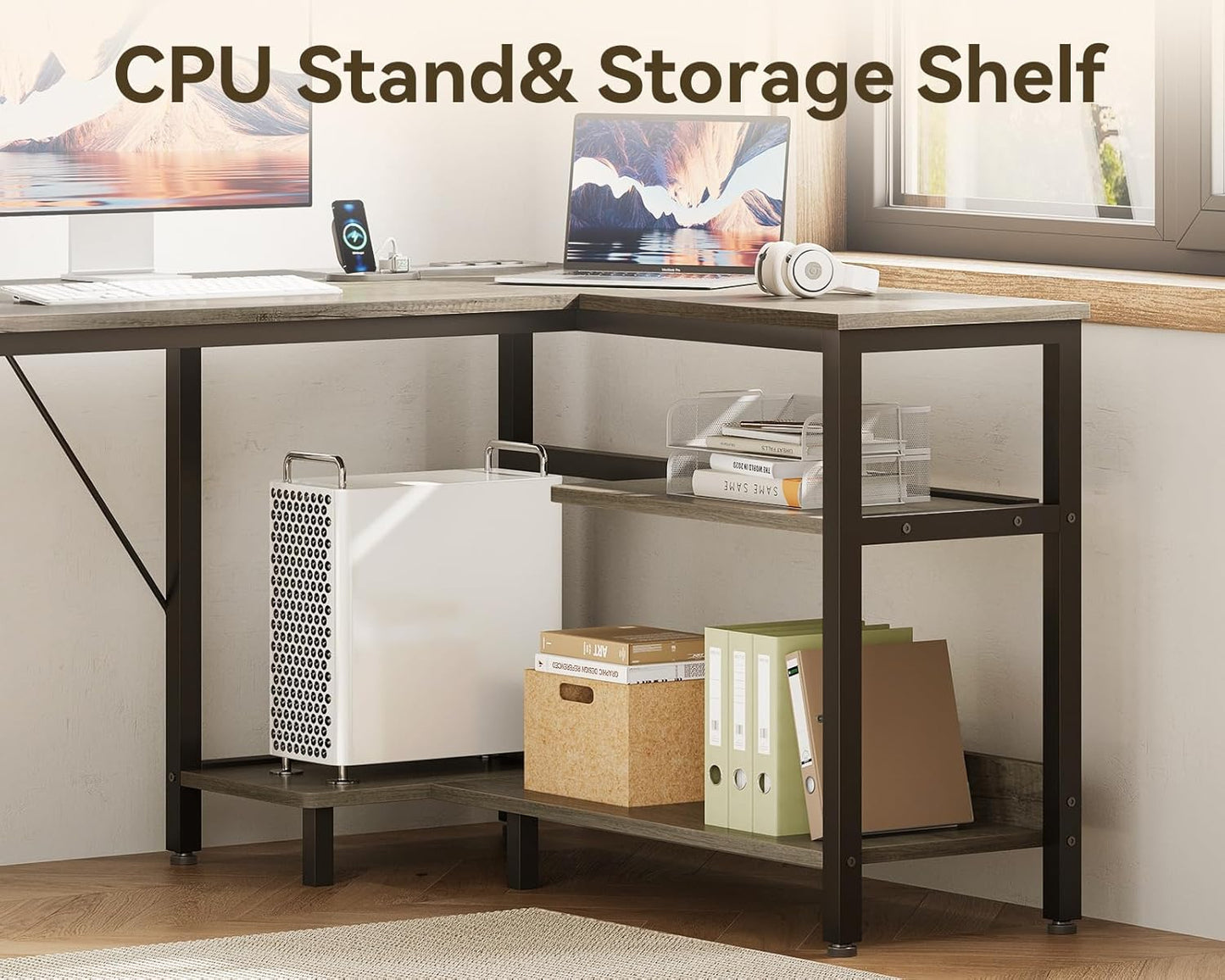 Casaottima L Shaped Desk with Drawers & File Cabinet, Computer Desk with Storage Shelves & CPU Stand, Corner Desk with Power Outlets, Reversible L Desk for Home Office, Grey