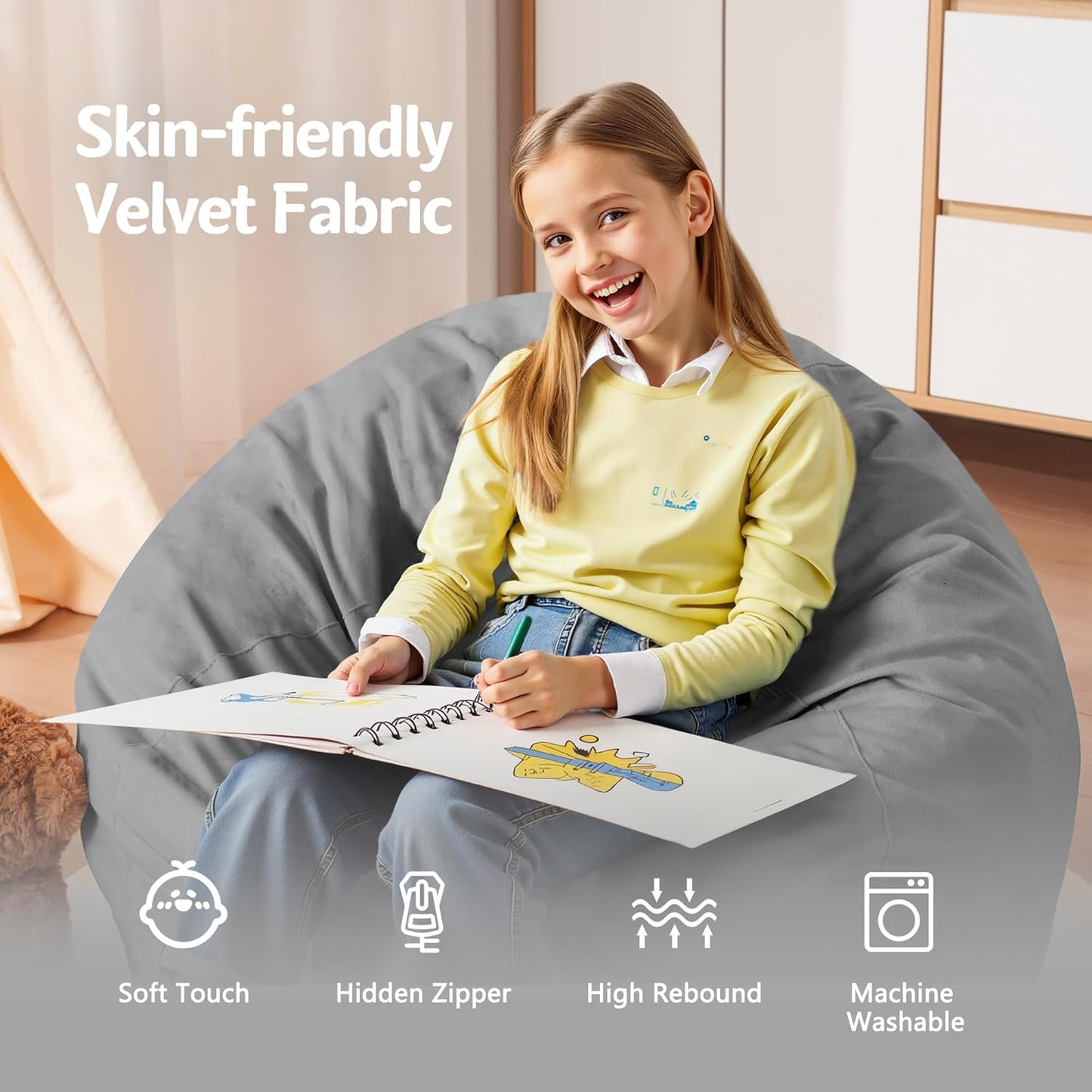 Homguava 2FT Bean Bag Chair: 2' Bean Bags with Memory Foam Filled,Comfy Beanbag Chairs Round Bean Bag Sofa with Dutch Velvet Cover-Light Grey