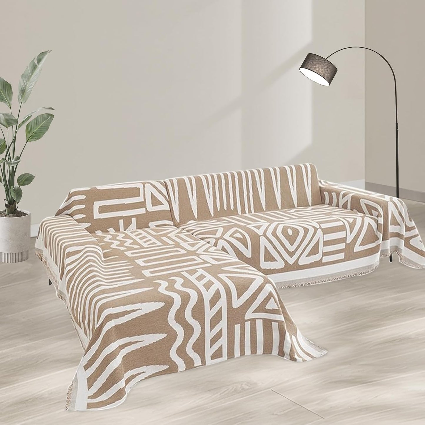 HANDONTIME Sofa Covers for Sectional Sofa Set Boho Couch Cover for Dogs Khaki Throw Couch Cover with Tassel Loveseat Covers Futon Cover L Shaped Cover Washable Chenille Couch Protector, 71" X118"