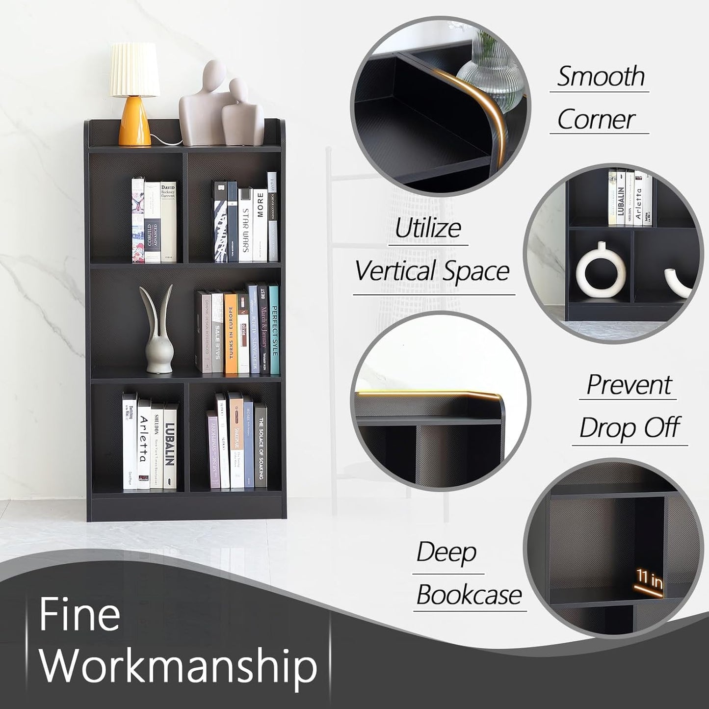 Book Shelf with Back Panel Stability 5 Cube Bookcase Multifunctional Cube Storage Organizer Shelf for Bedroom Living Room Office Closet School in Black with 23.62''W