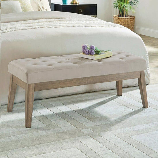 24KF Velvet Upholstered Buttons Tufted Entryway Bench with Solid Wood Leg,Bed Bench Ottoman with Padded Seat,5034-Taupe