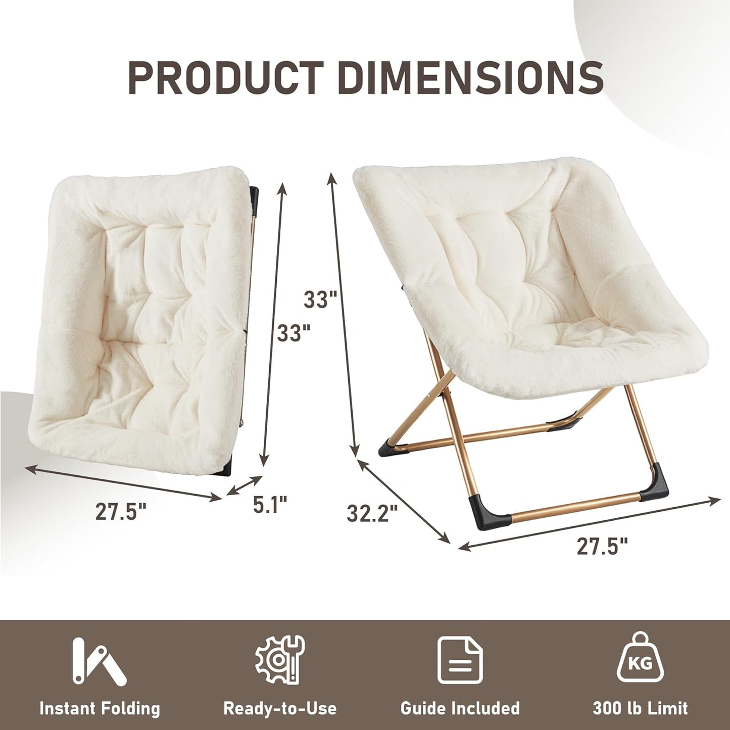 Comfy Oversized Saucer Chair, Soft Faux Fur Reading Lounge Chair for Adults, Stable X-Large Metal Frame and Non-Slip Pad, Foldable Cozy Chairs for Bedroom, Living Room, Dorm, Office, Beige