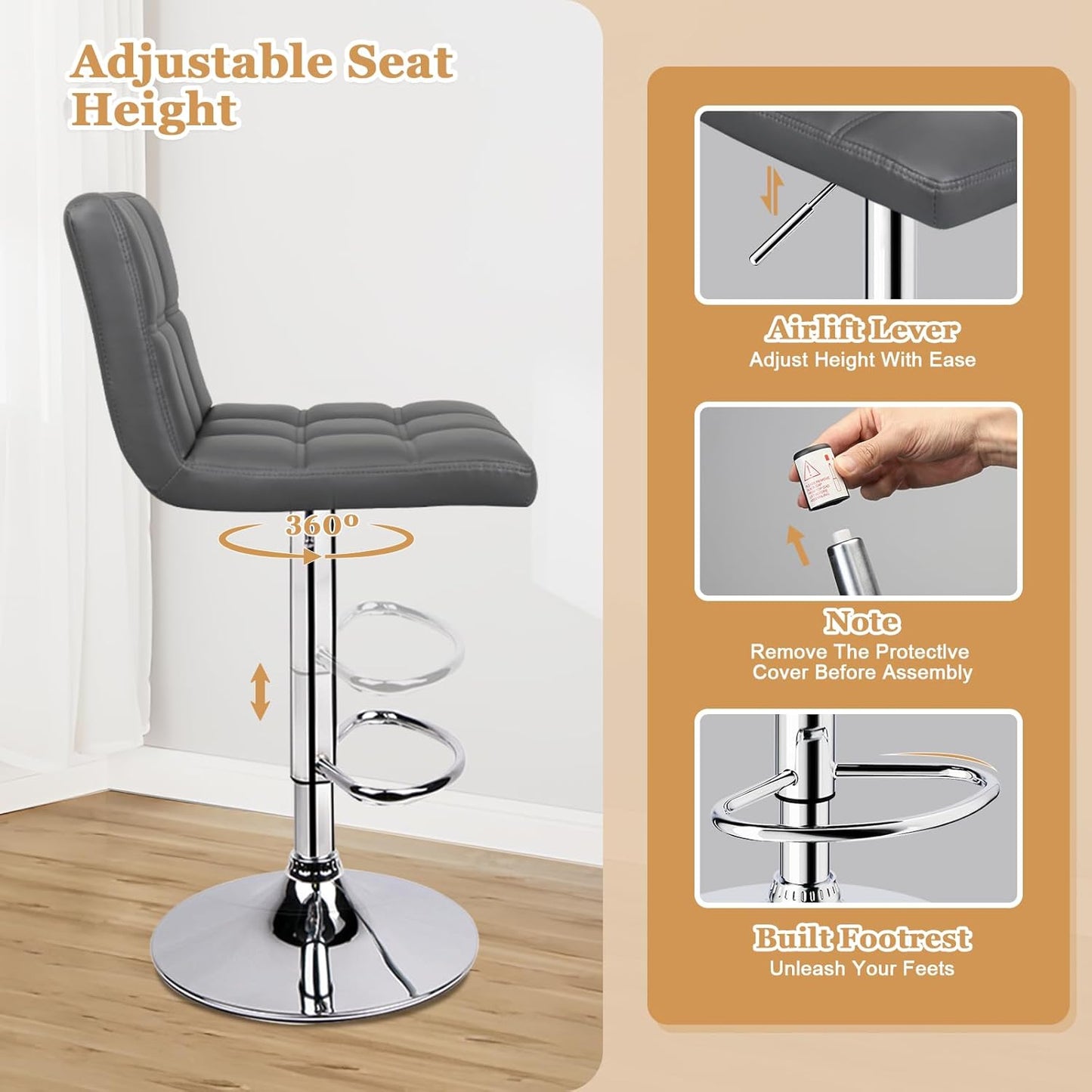 Bar Stools Set of 2, Armless Adjustable Swivel Barstools with Back, Double Needle PU Leather Counter Height Bar Stools for Kitchen Island, Grey