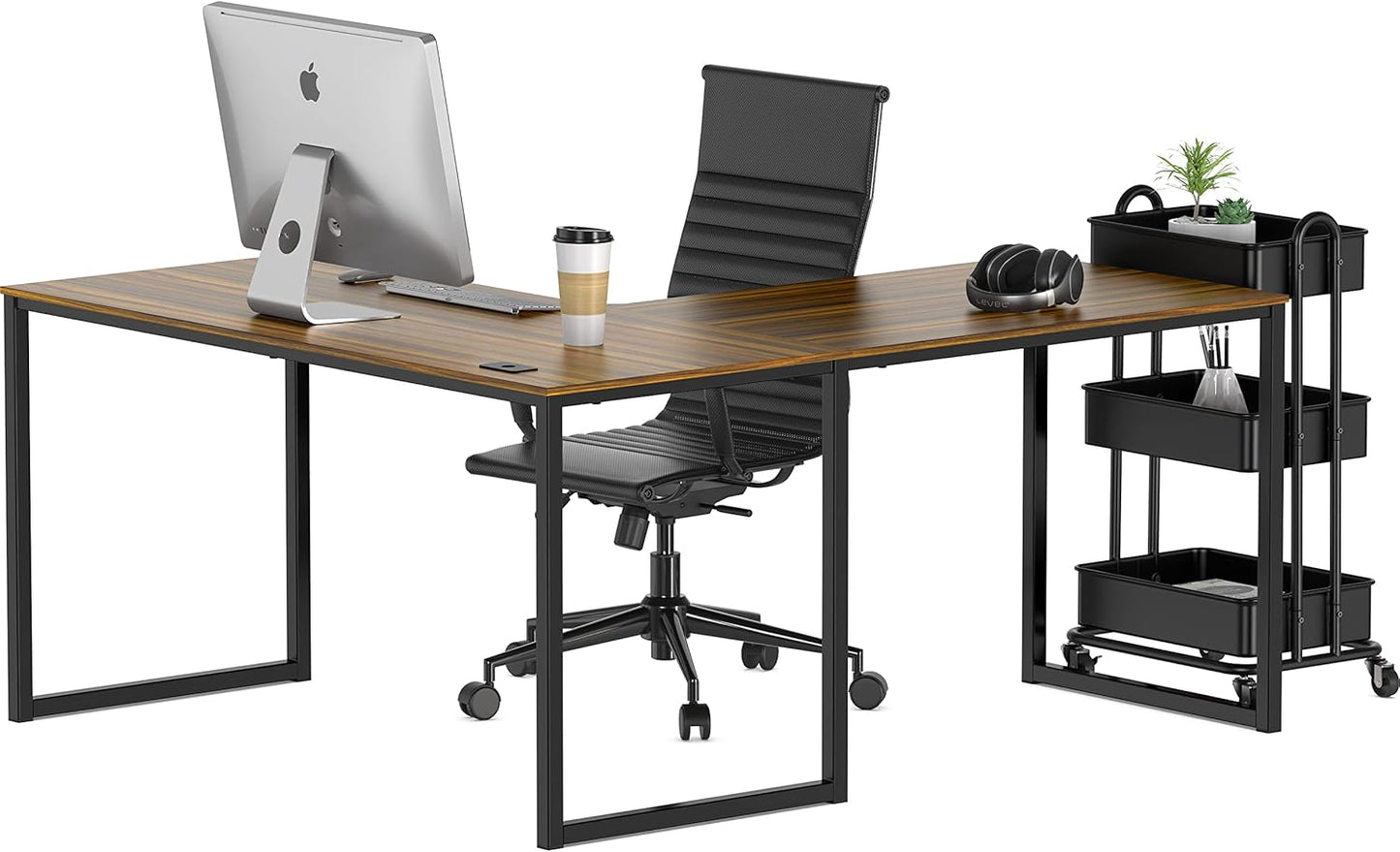 SHW Mission 55 x 60 Inches L-Shape Home Office Computer Desk, Walnut