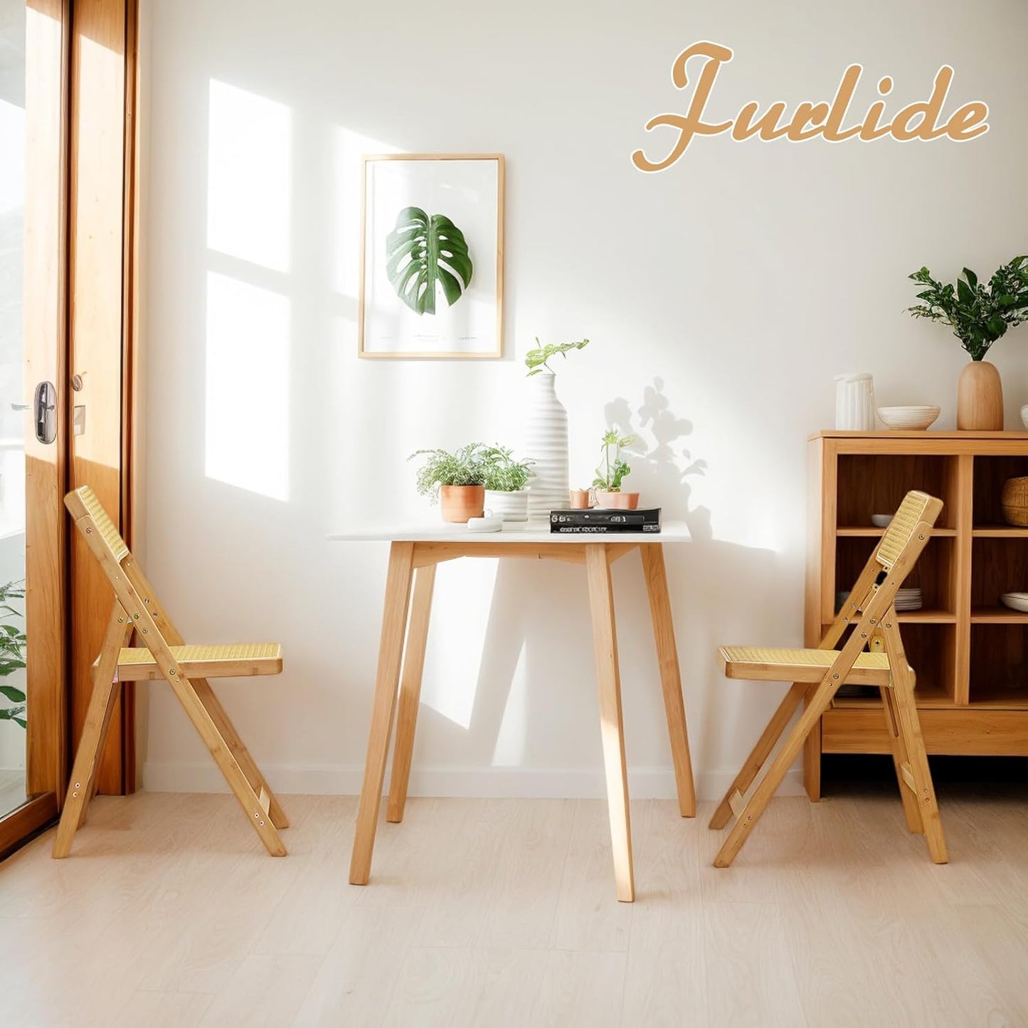 Rattan Folding Chairs, Modern Mid Century Dining Chairs Set of 2, Outdoor Bamboo Chair for Bedroom Living Room Reading Room Dining Kitchen, Wood