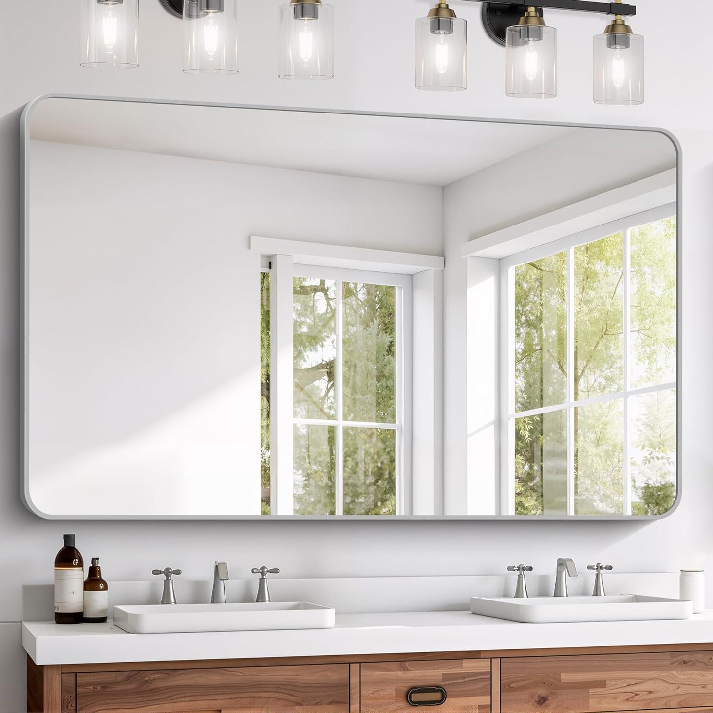 FORBATH 60x36 Inch Silver Bathroom Mirror for Over Sink, Large and Wide Rectangular Wall Mirror with Metal Frame, Rounded Corners for Bathroom, Bedroom, Entryway Decor (Horizontal or Vertical)