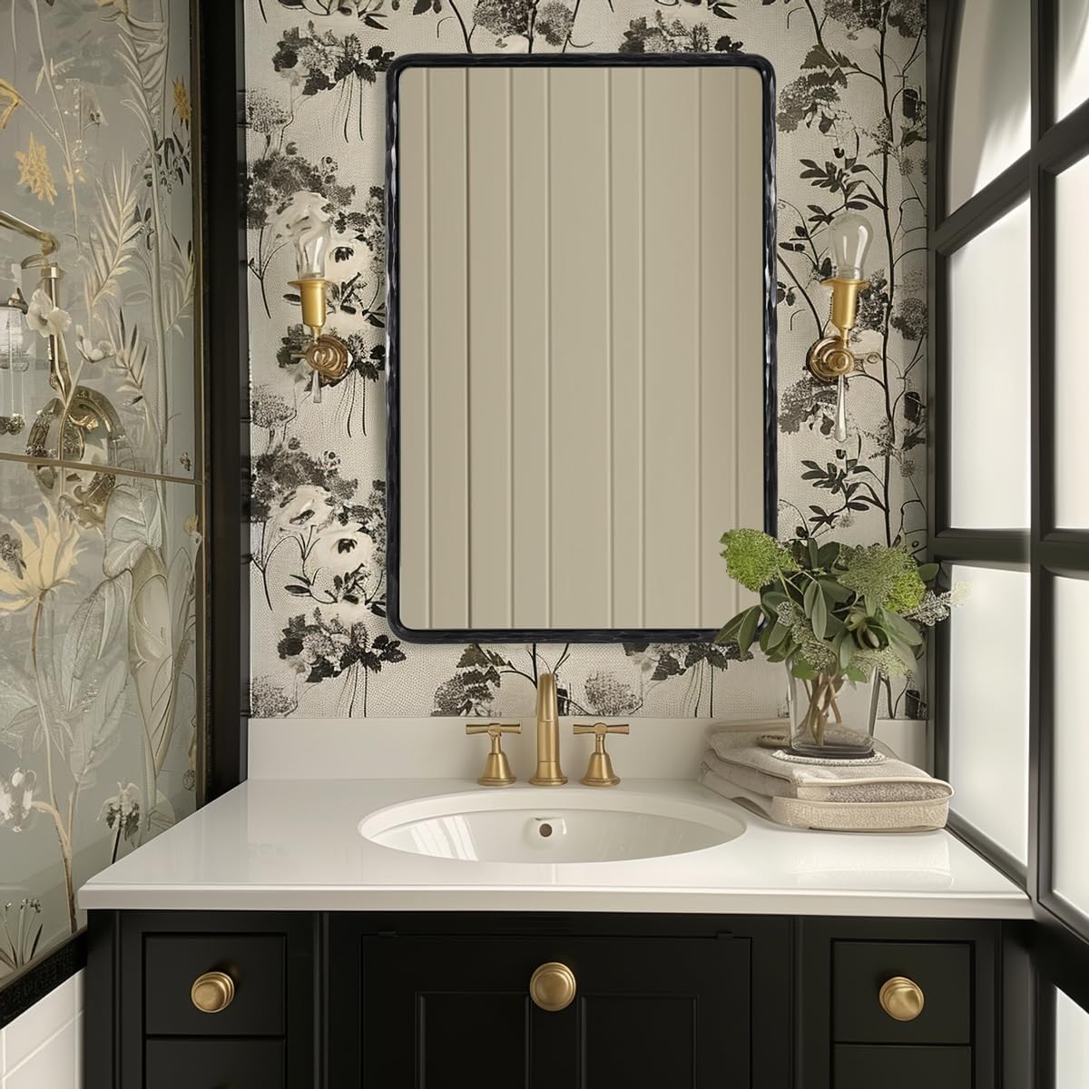 ANDY STAR Hand-Forged Black Bathroom Mirrors for Wall, 24x36 Inch Vintage Solid Steel Metal Frame Bathroom Vanity Mirror, Antique Rounded Rectangle Wall Mirror, Hangs Horizontally or Vertically