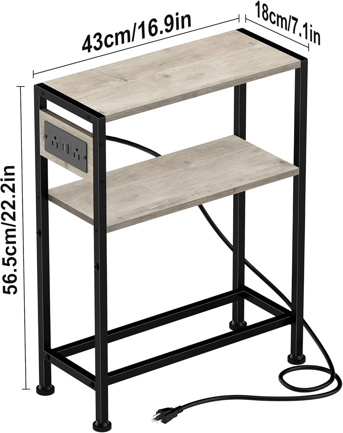 Small Narrow Side Table with Charging Station, Skinny End Table for Small Spaces, Slim Nightstand with Outlets, Sofa Bedside Table in Living Room, Bedroom, Kitchen and Balcony (Greige)