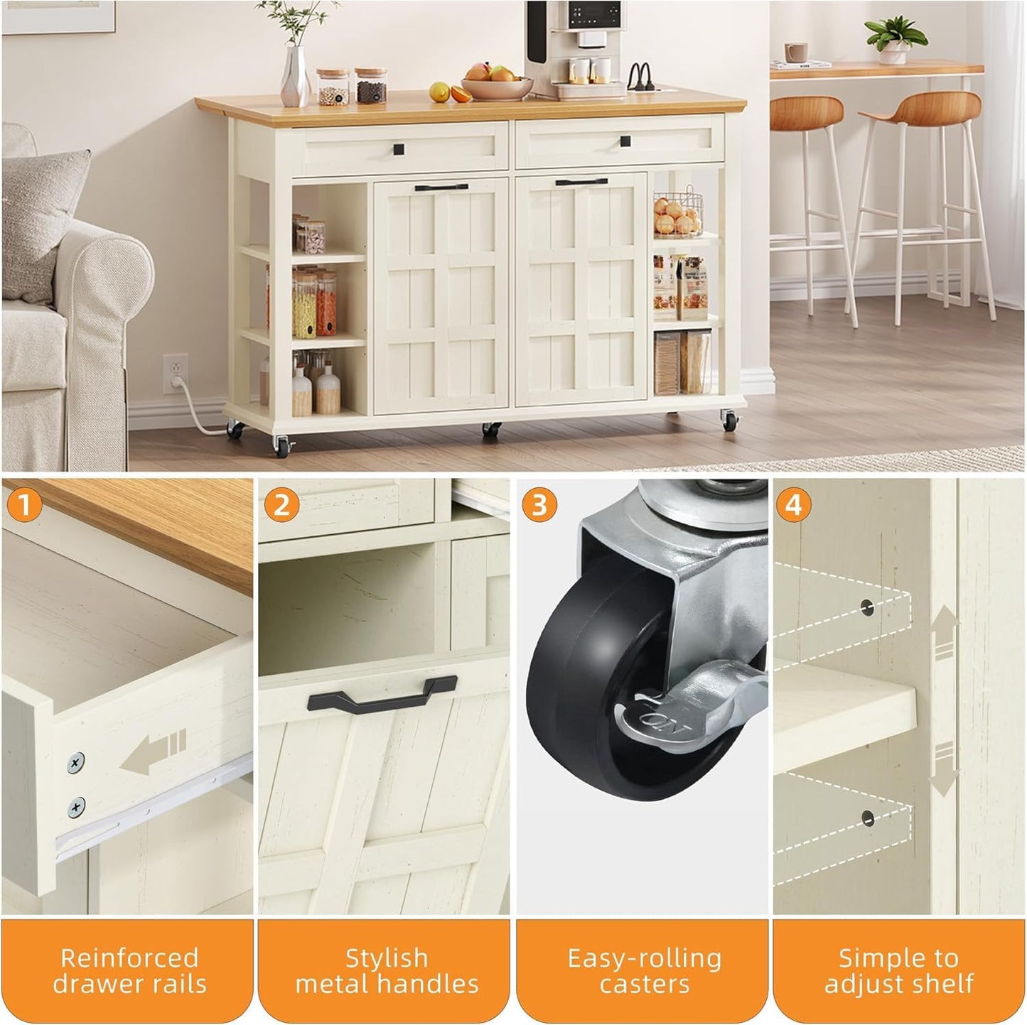 DWVO Kitchen Island with Drop Leaf, Tilt Out Trash Can Cabinet, Mobile Storage Islands with Power Outlet, Americana Rolling Island Table on Wheels with Open Shelves for Dining Room, Off White