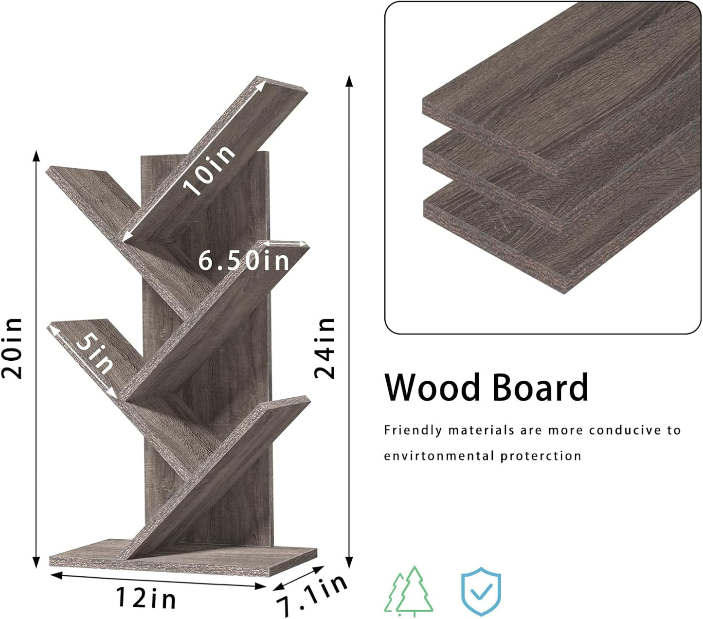 5 Tier Tree Book Shelf, Small Desktop Bookshelf with Storage Organizer, Wood Bookcase, Desk Display Bookshelves, Floor Standing Organizer Bookcases for Living Room,Bedroom,Office - Light Grey