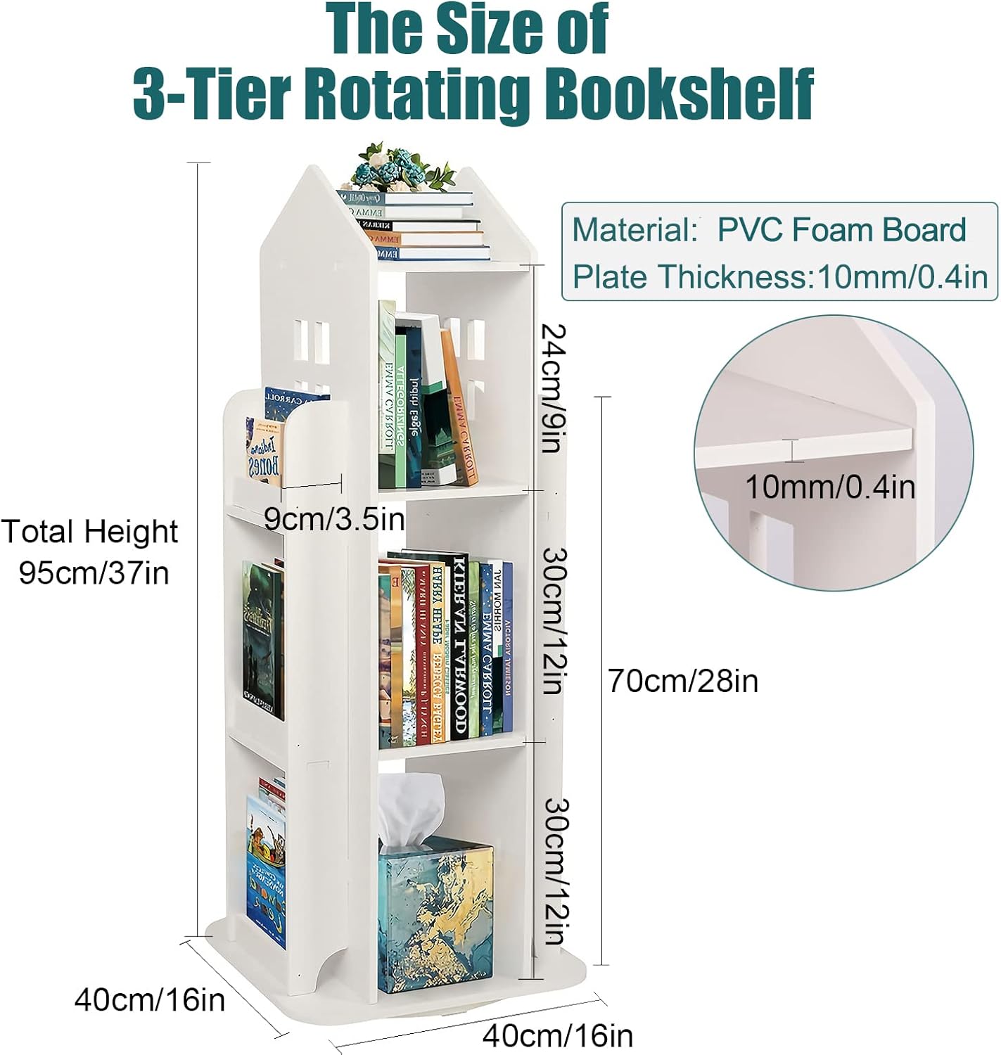 Rotating Bookshelf, 3-Tier Rotating Children's Bookshelf, 360° Revolving Display Floor Standing Bookshelves, Book Shelf Organizer for Kids Room White,16.14" x 16.14" x 37.4"
