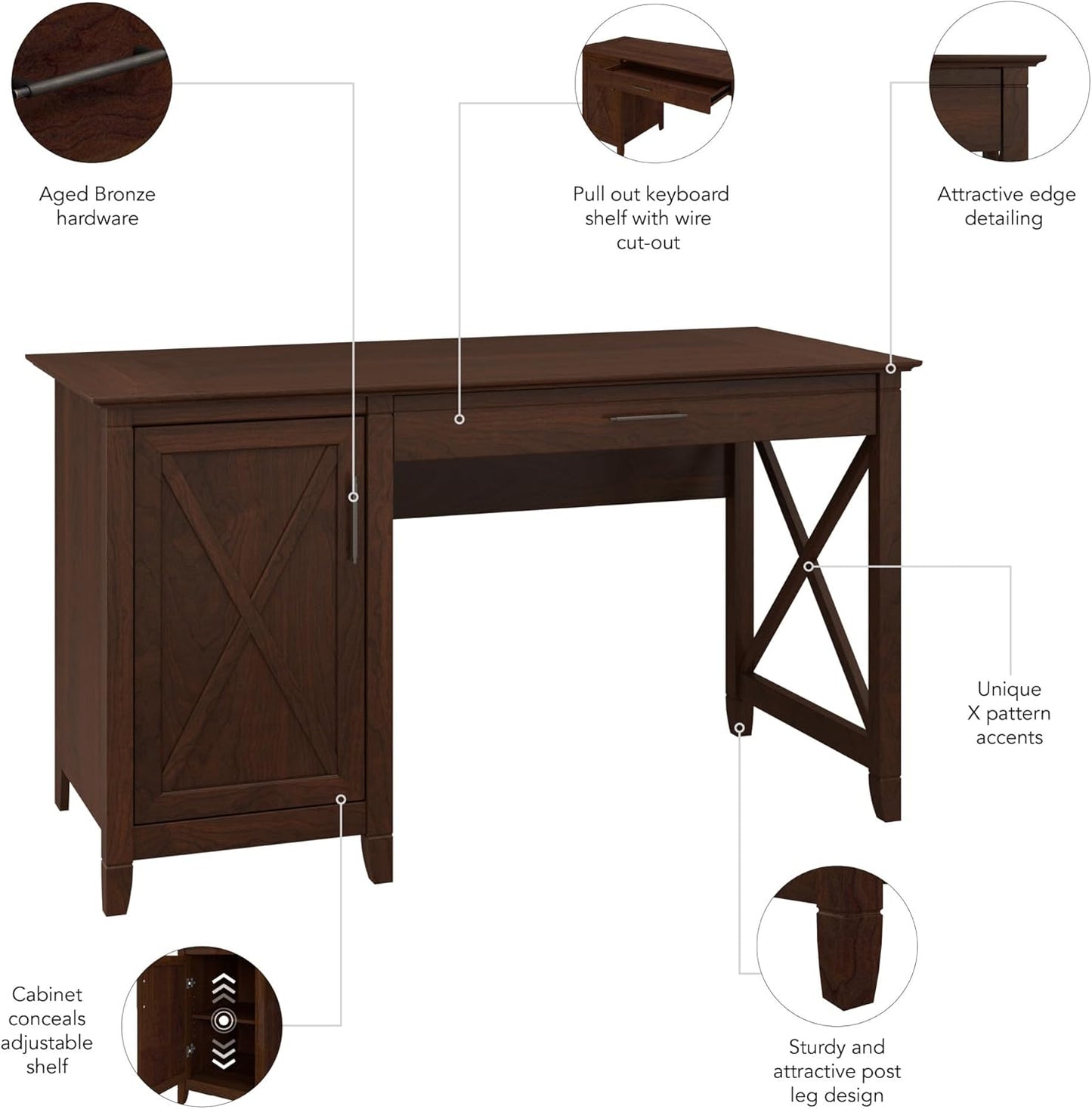 Bush Furniture Key West Computer Desk Farmhouse PC Table for Home Office, 54W w/Storage, Bing Cherry