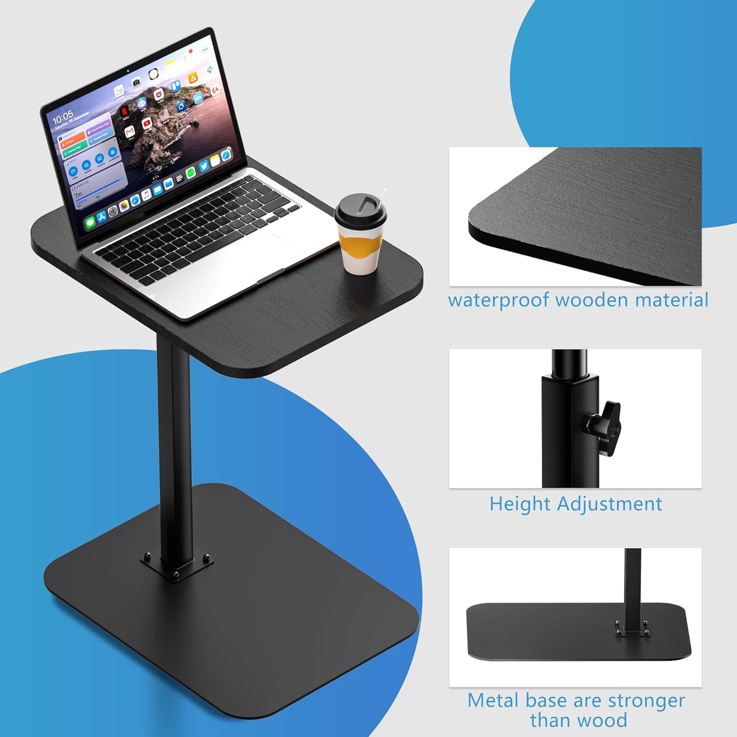 Side Table Sofa Tray for Couch Heavy Metal Base Swivel/Adjustable Height, Sofa Bed Bathroom Study TV Tray C Shaped End Table Food Snack Trays for Eating